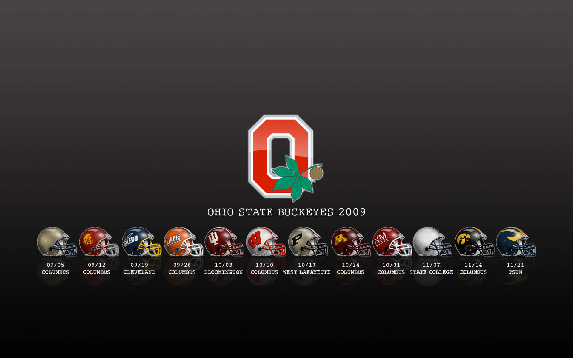Cool Ohio State 桌布 壁紙 — 深色漸變背景顯示俄亥俄州立大學七葉樹隊2009年標誌，上方有一排美式足球頭盔，附有比賽日期和地點。