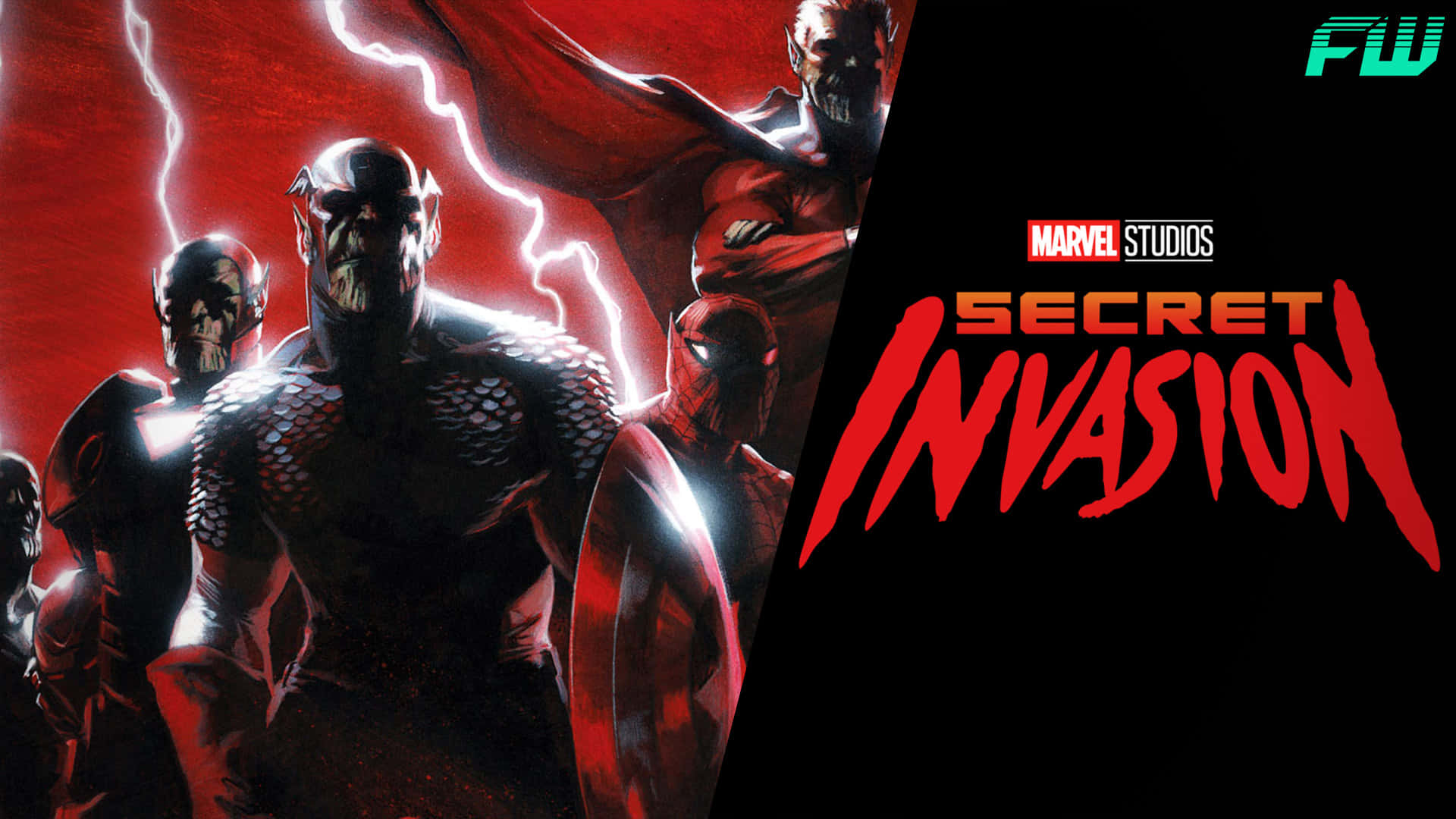 Secret Invasion 桌布 壁紙 — 深色皮膚的外星入侵者，眼睛發光，紅色閃電，黑色背景，標題為「Secret Invasion」。