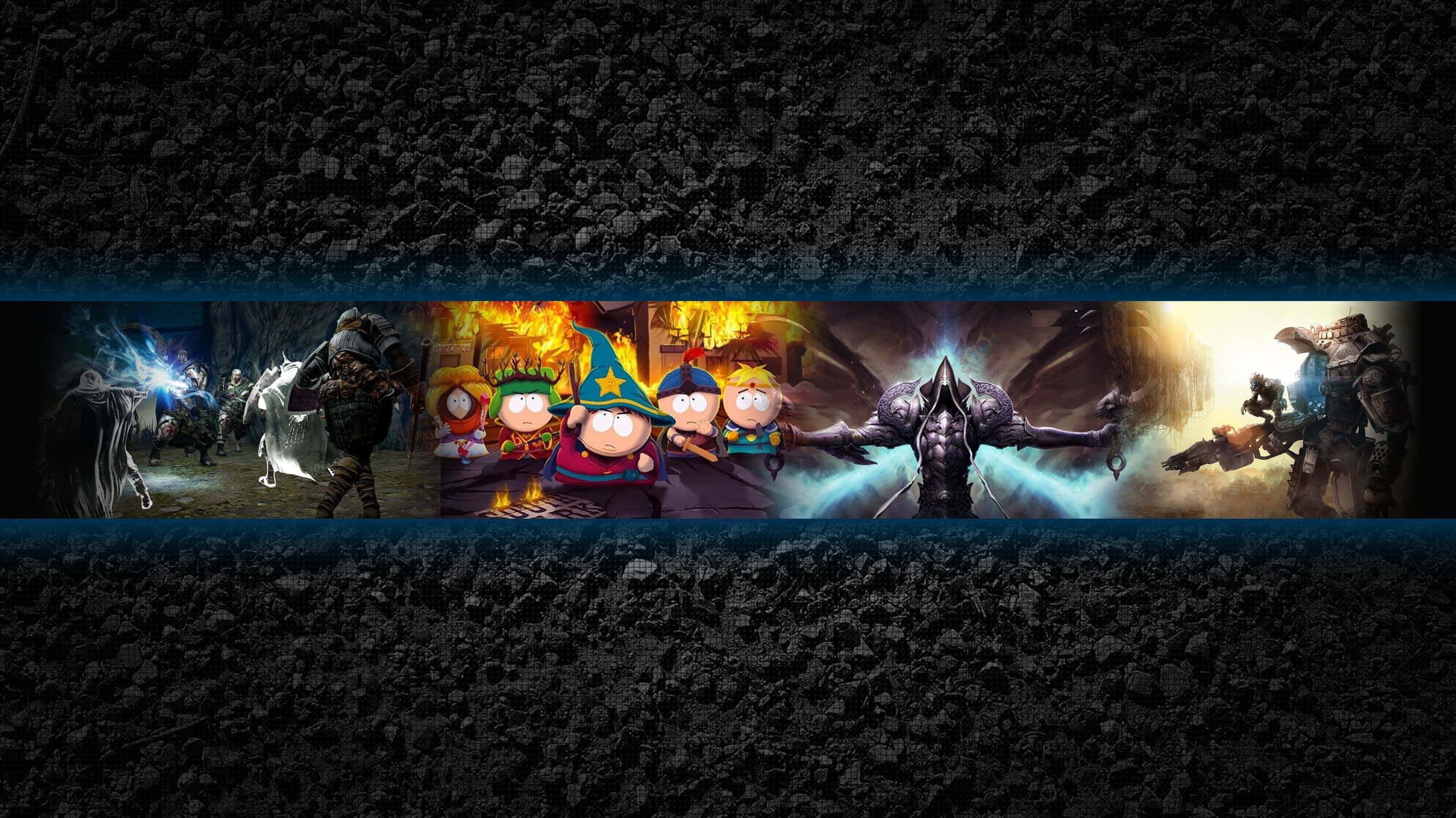 YouTube Gaming 桌布 壁紙 — 深色紋理壁紙，中央條帶上有南方公園角色和奇幻戰士的戲劇性姿勢。