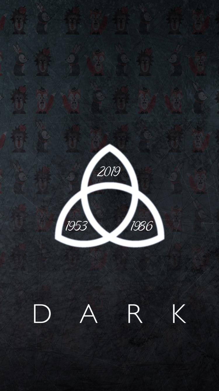 Dark Phone 桌布 壁紙 — 深色紋理壁紙，帶有發光的白色三曲結，年份為1953 1986 2019，下方有DARK字樣。