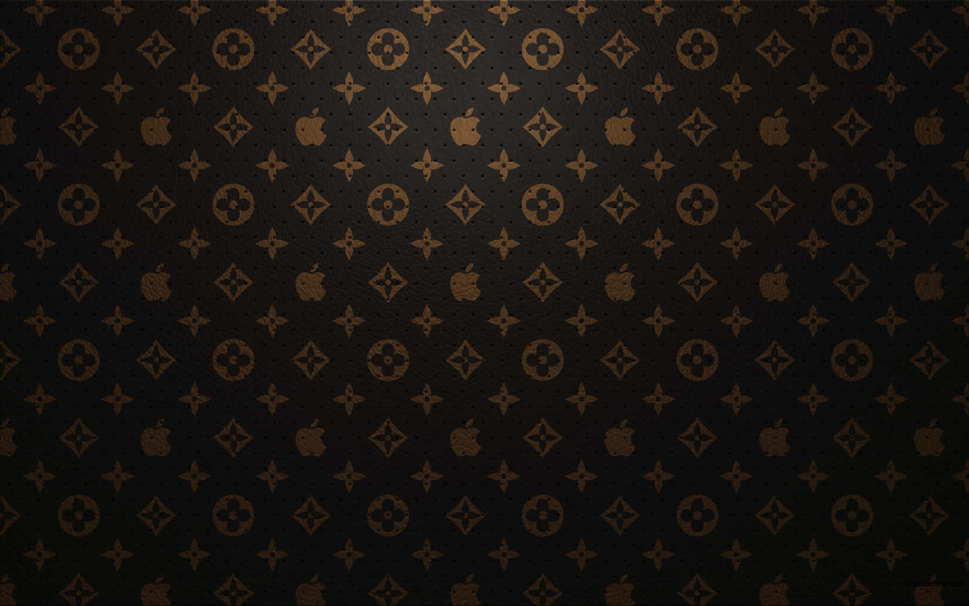 Louis Vuitton Logo 桌布 壁紙 — 深色紋理壁紙，帶有重複的金色 Louis Vuitton 字母組合和 Apple 標誌，呈網格圖案。