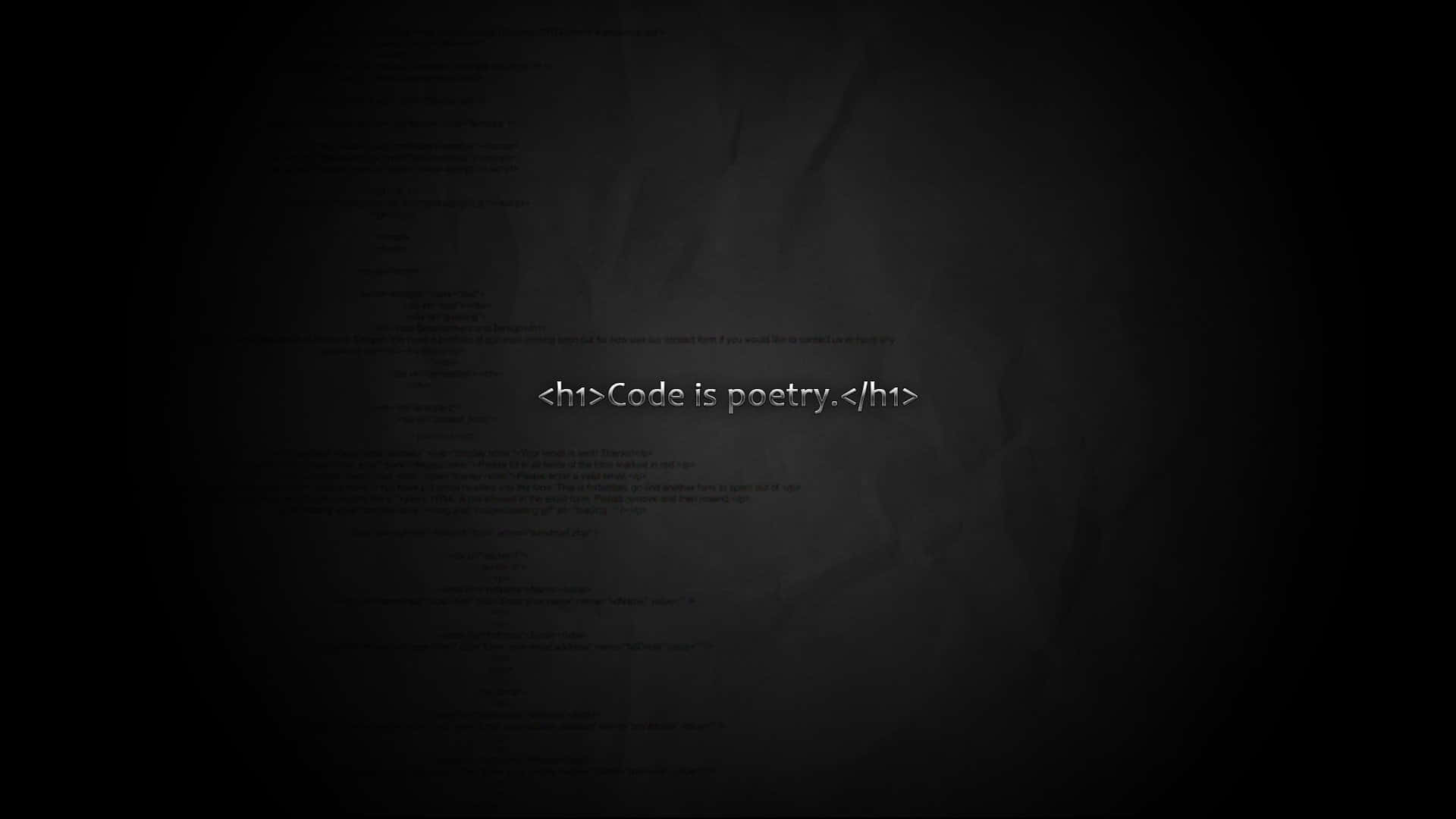 Programming 桌布 壁紙 — 深色紋理背景，帶有發光文字 'Code is poetry'，周圍環繞著模糊的程式碼行。