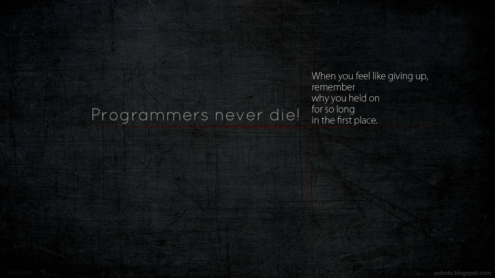 4K程式壁紙 桌布 壁紙 — 深色紋理背景，白色文字寫著「Programmers never die」，角落有勵志語句。