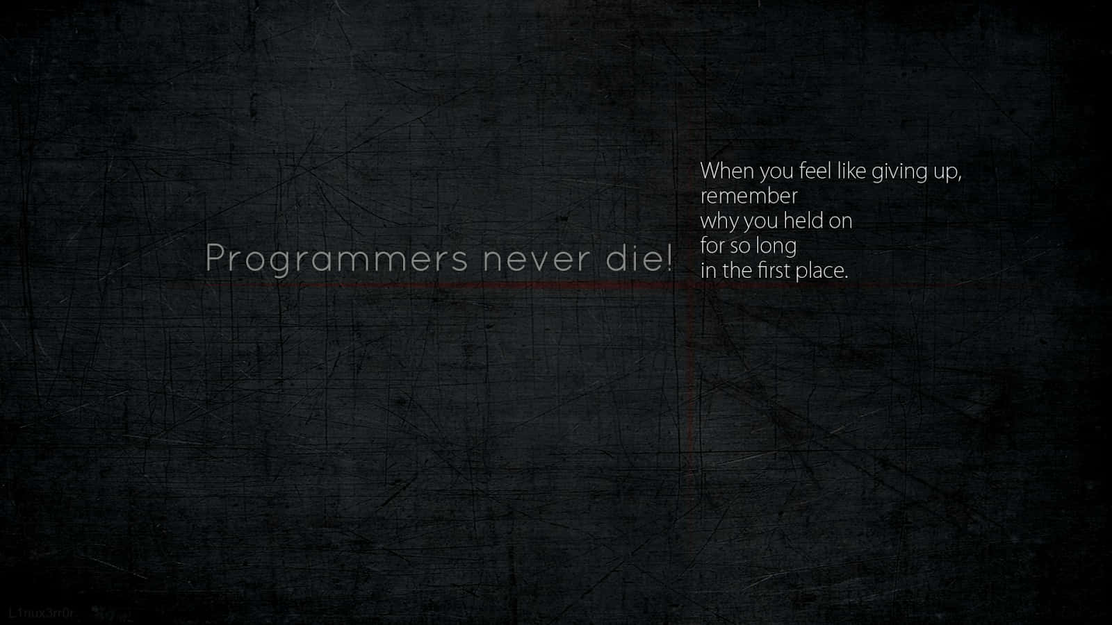 程式碼 桌布 壁紙 — 深色紋理背景，白色文字寫著「Programmers never die」，角落有勵志語錄。