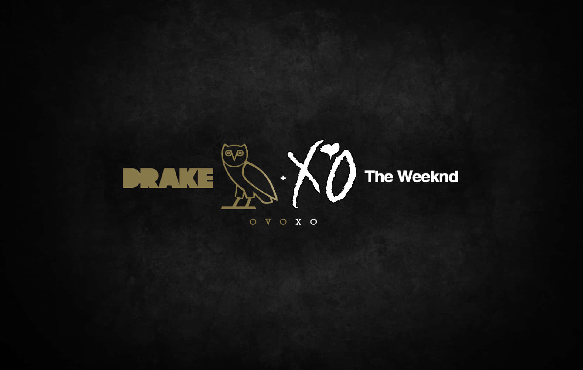 桌布 壁紙 — 深色紋理背景上展示Drake OVO和The Weeknd XO的金色和白色標誌，並帶有貓頭鷹徽章。