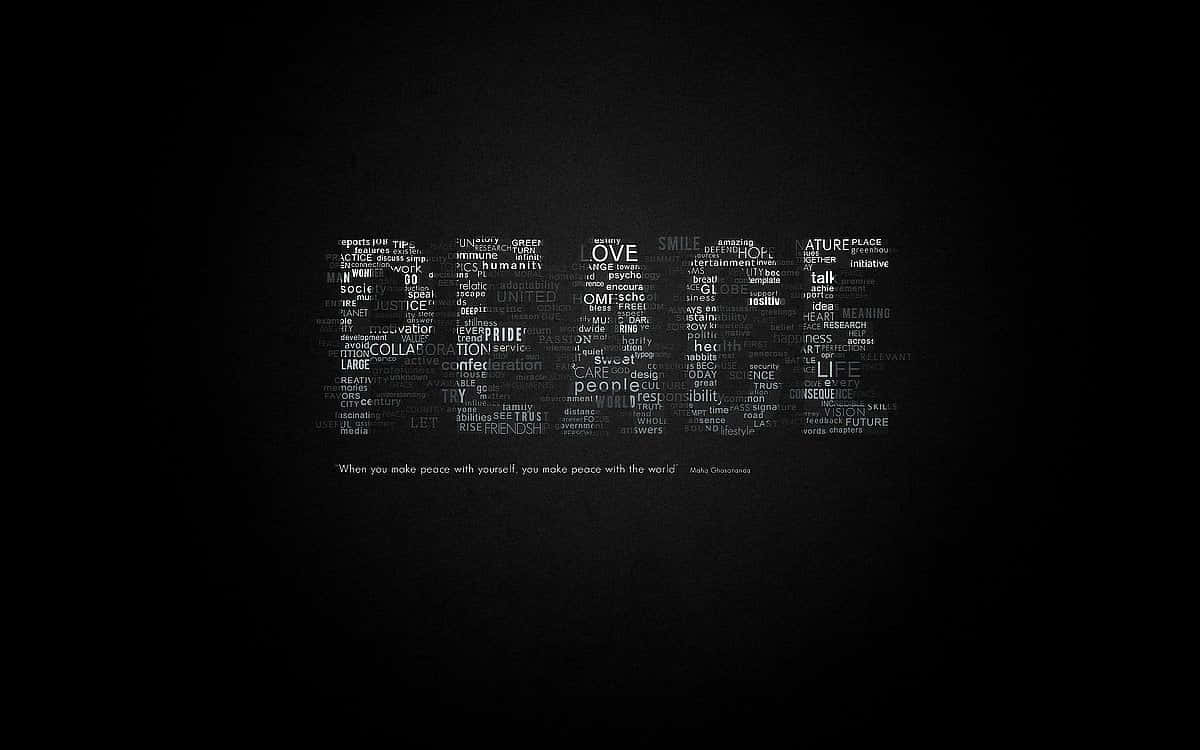 Black And White Typography 桌布 壁紙 — 深色紋理背景上有一個心形文字雲，包含勵志詞語和底部的一句名言。