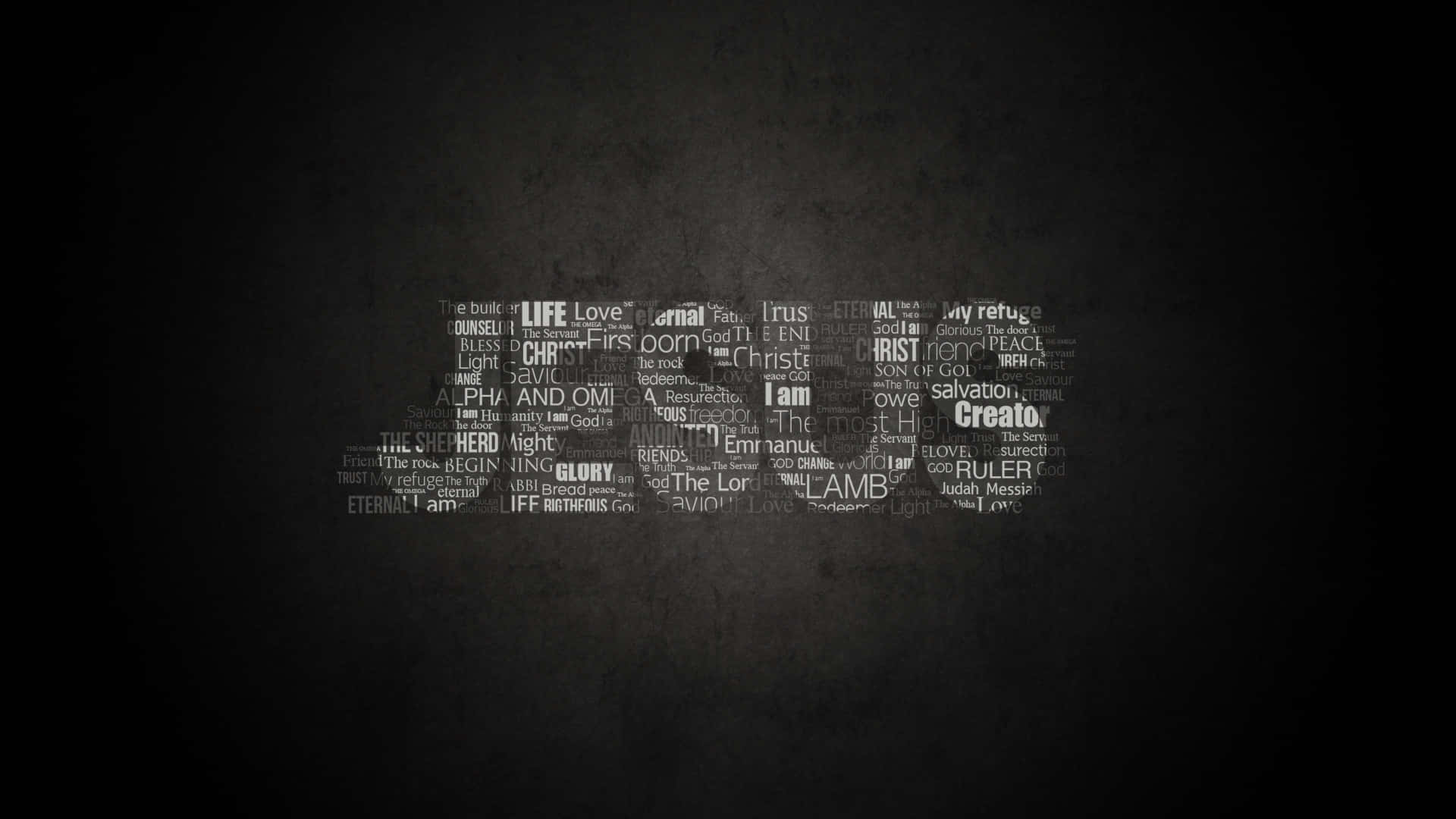Jesus Name 桌布 壁紙 — 深色紋理背景上有一個發光的白色詞雲，包含基督教神學術語和名稱。