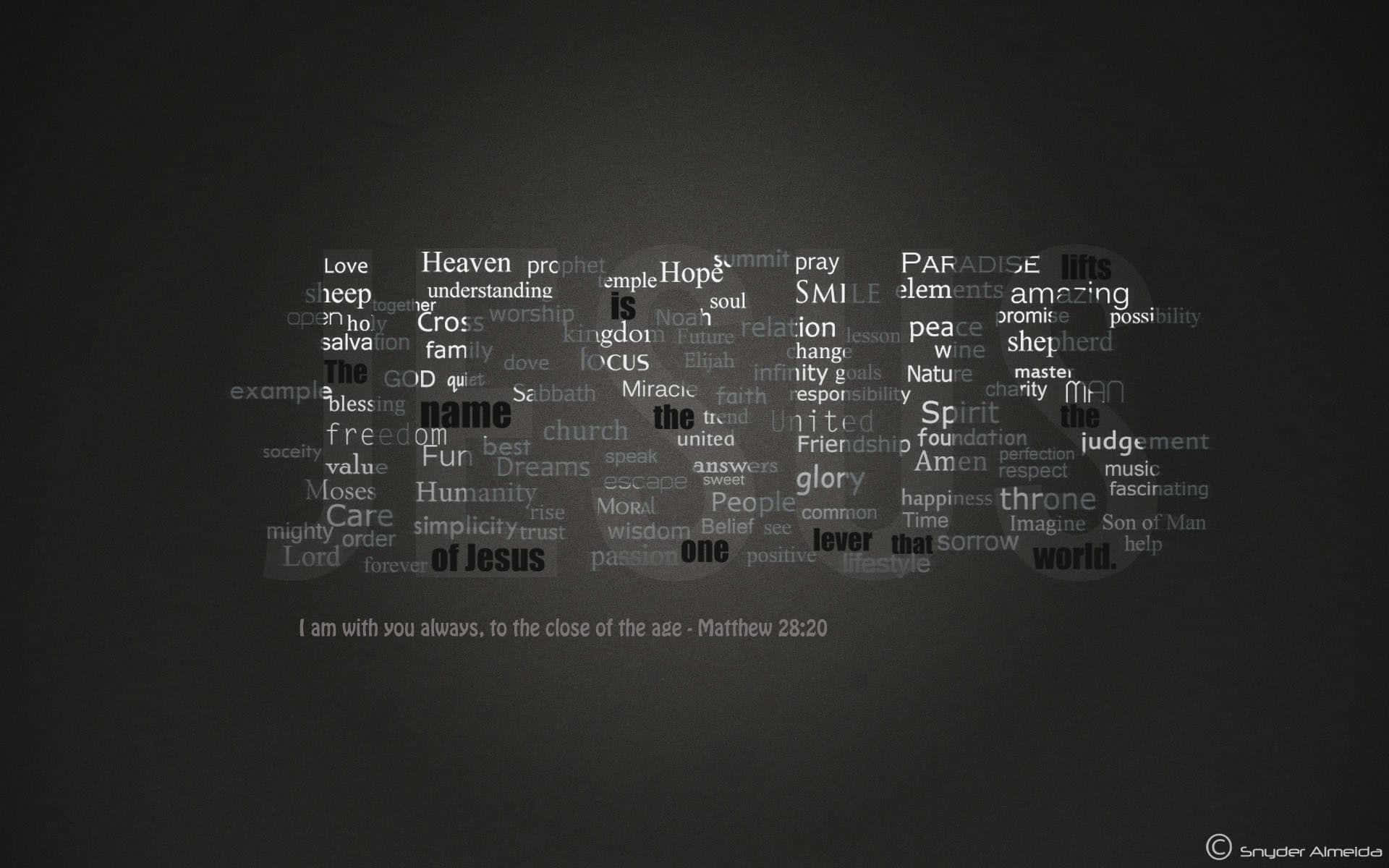Jesus iPhone 桌布 壁紙 — 深色紋理背景上有一個鴿子形狀的文字雲，帶有宗教術語，底部有聖經經文。