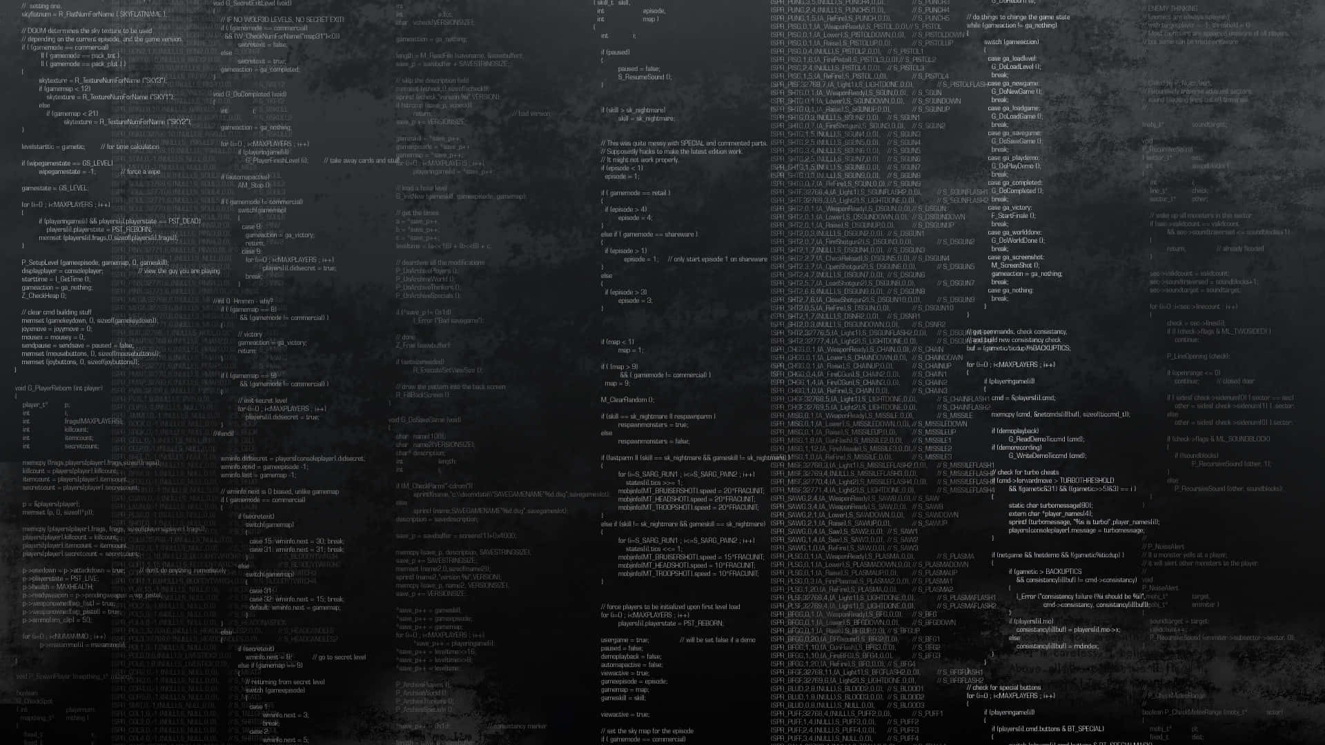 Code 桌布 壁紙 — 深色紋理背景上覆蓋著層疊的發光白色電腦代碼線條，營造出數位數據流效果。