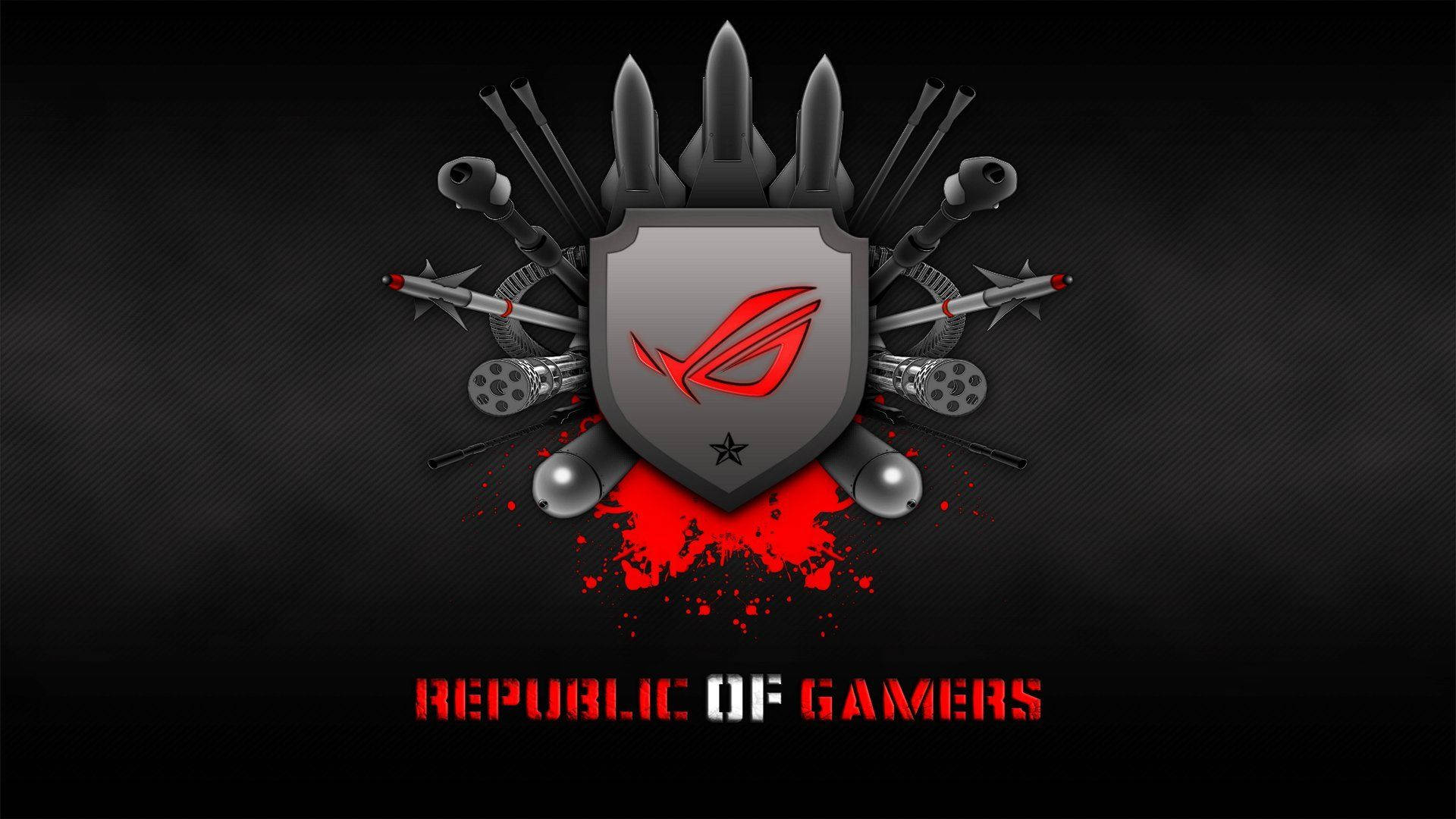 Garena 桌布 壁紙 — 深色紋理背景中央有一個盾牌，帶有紅色 ROG 標誌，周圍環繞著交叉的遊戲武器和紅色濺痕。
