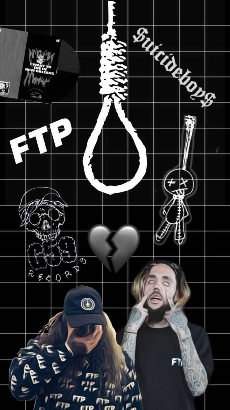 suicideboys 桌布 壁紙 — 深色網格背景上有一個大絞索、破碎的心、骷髏頭，以及兩個人物，帶有文字元素包括「Suicideboy$」和「FTP」。