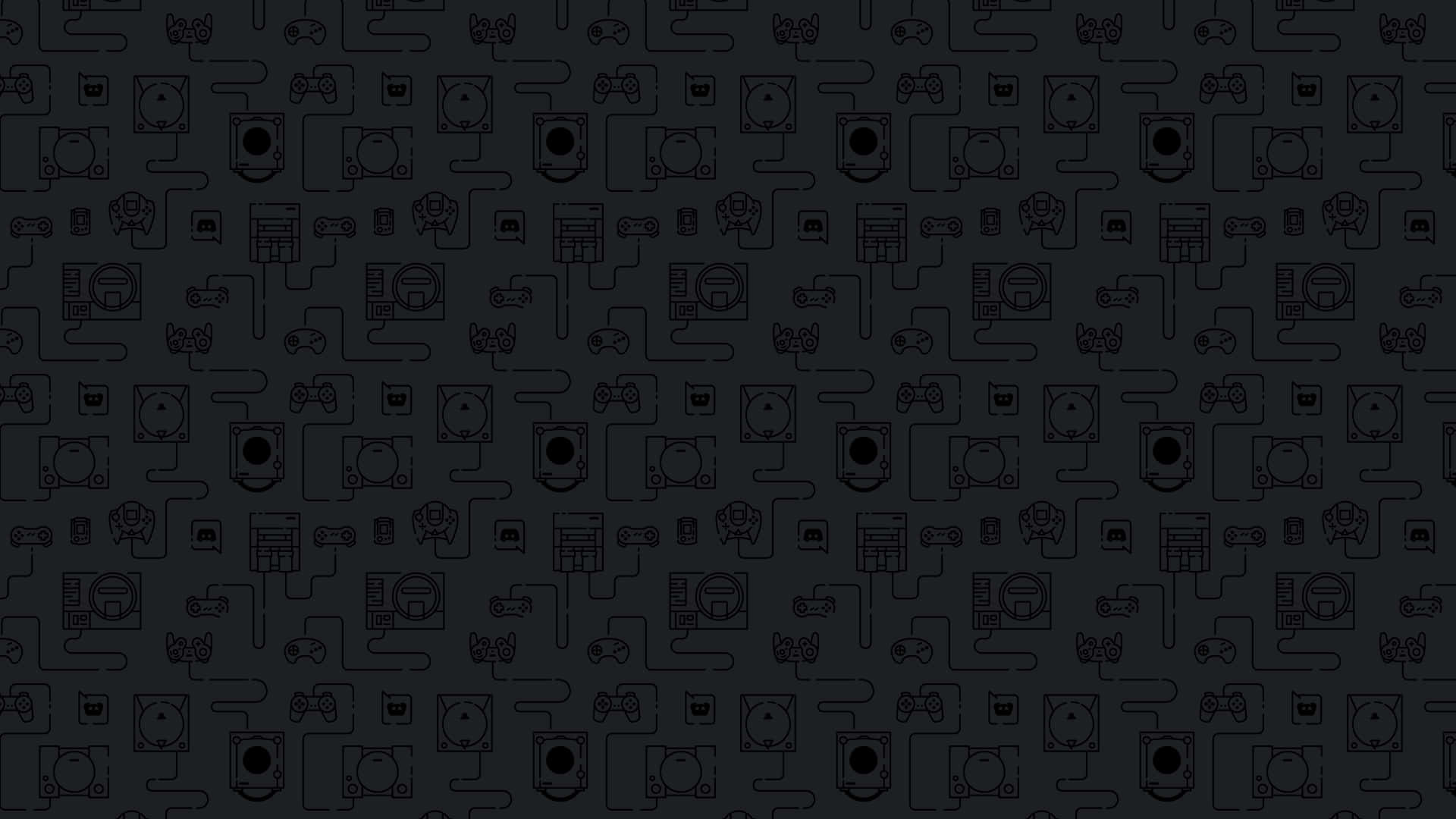 Discord 桌布 壁紙 — 深色背景，充滿重複的極簡線條藝術圖標，描繪復古遊戲主機和控制器。