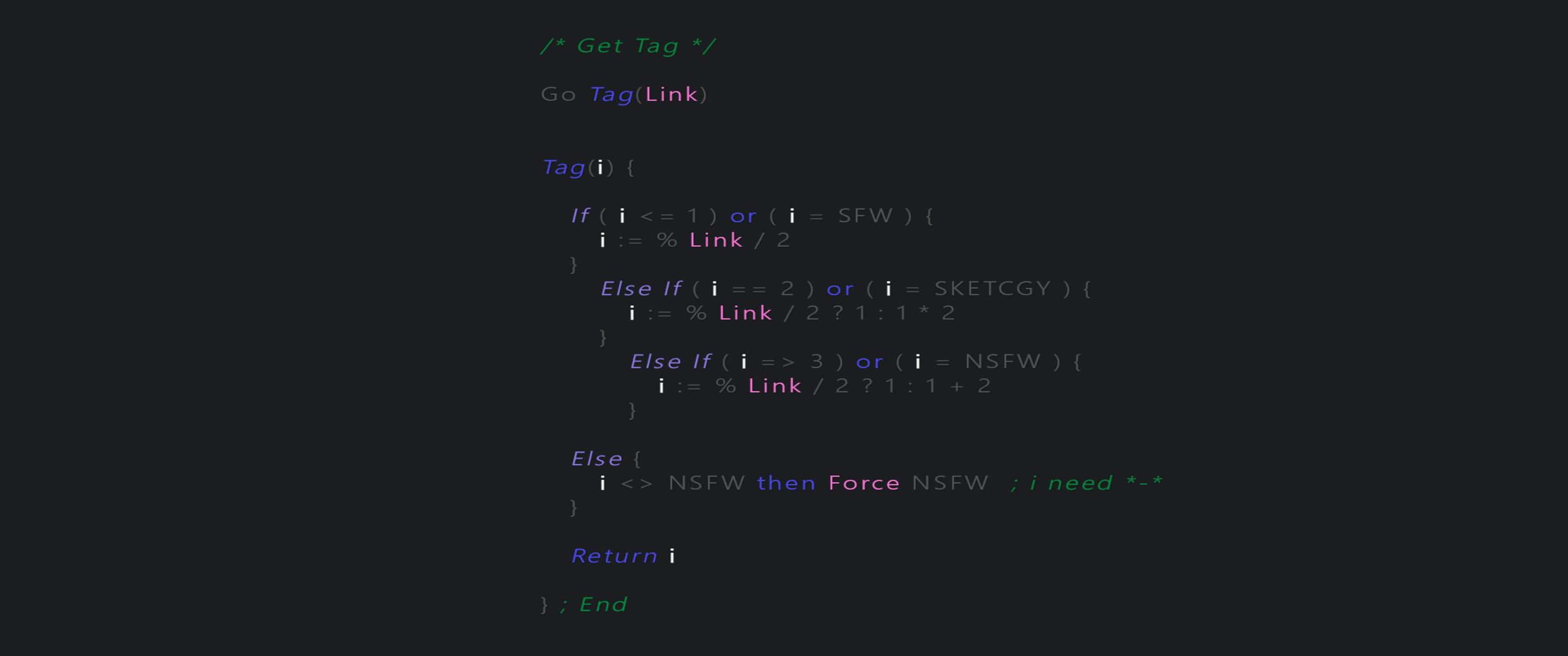 3440x1440p Programming 桌布 壁紙 — 深色背景，帶有彩色語法高亮的 Go 程式碼，用於標記帶有 SFW NSFW 和 SKETCHY 分類的連結。