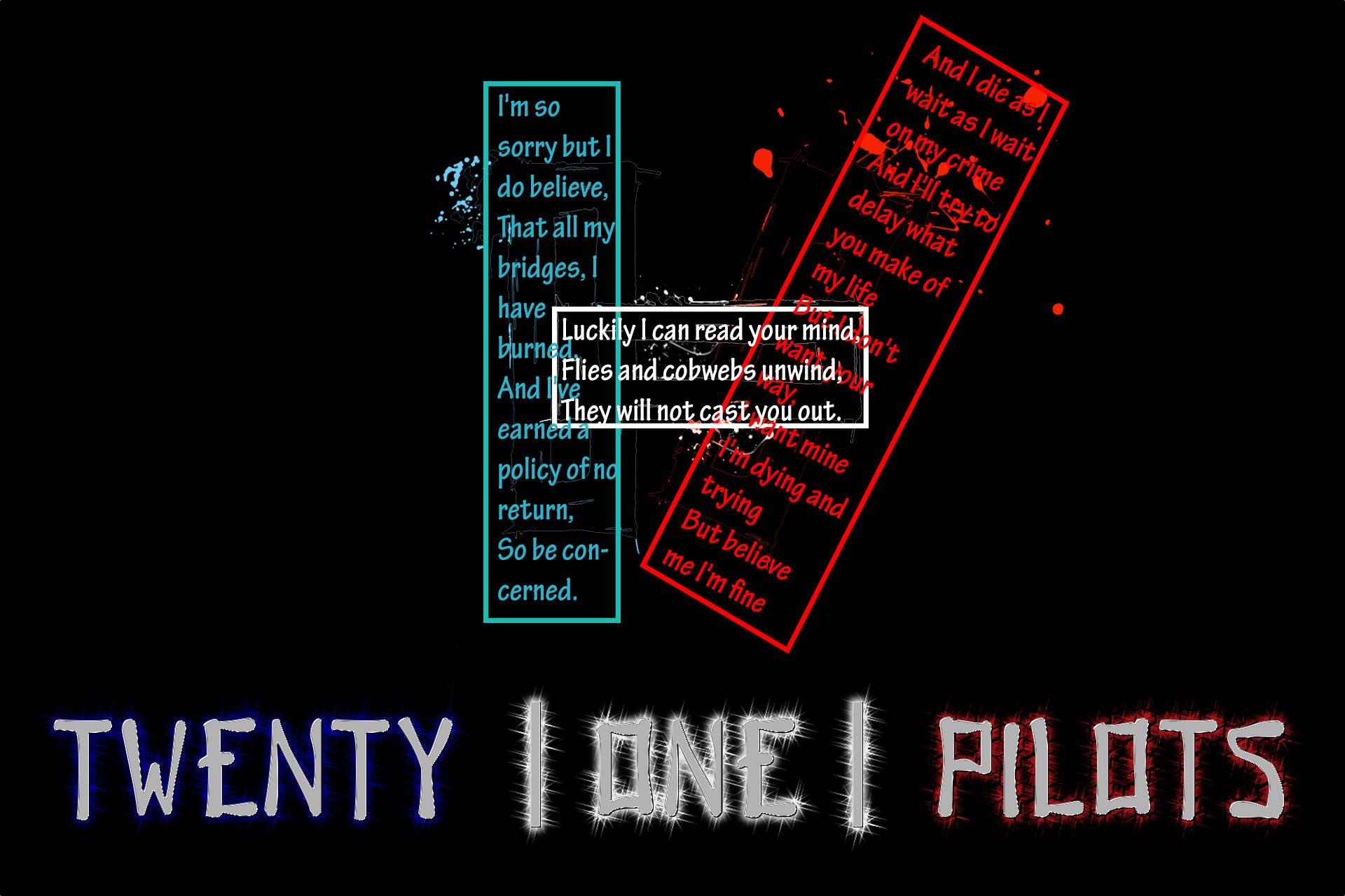 Twenty 桌布 壁紙 — 深色背景，帶有發光文字片段和Twenty One Pilots的歌詞，放在紅色和藍色框中。