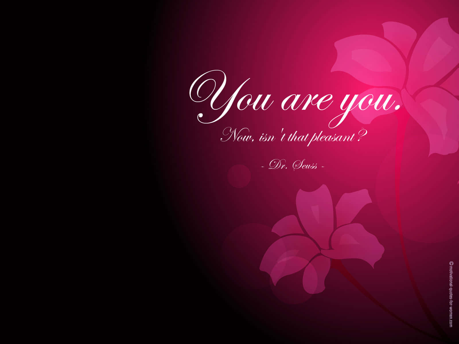 Self Motivation 桌布 壁紙 — 深色背景，帶有粉紅色花卉形狀和優雅的白色草書文字，寫著「你就是你。這不是很愉快嗎？ - 蘇斯博士」。