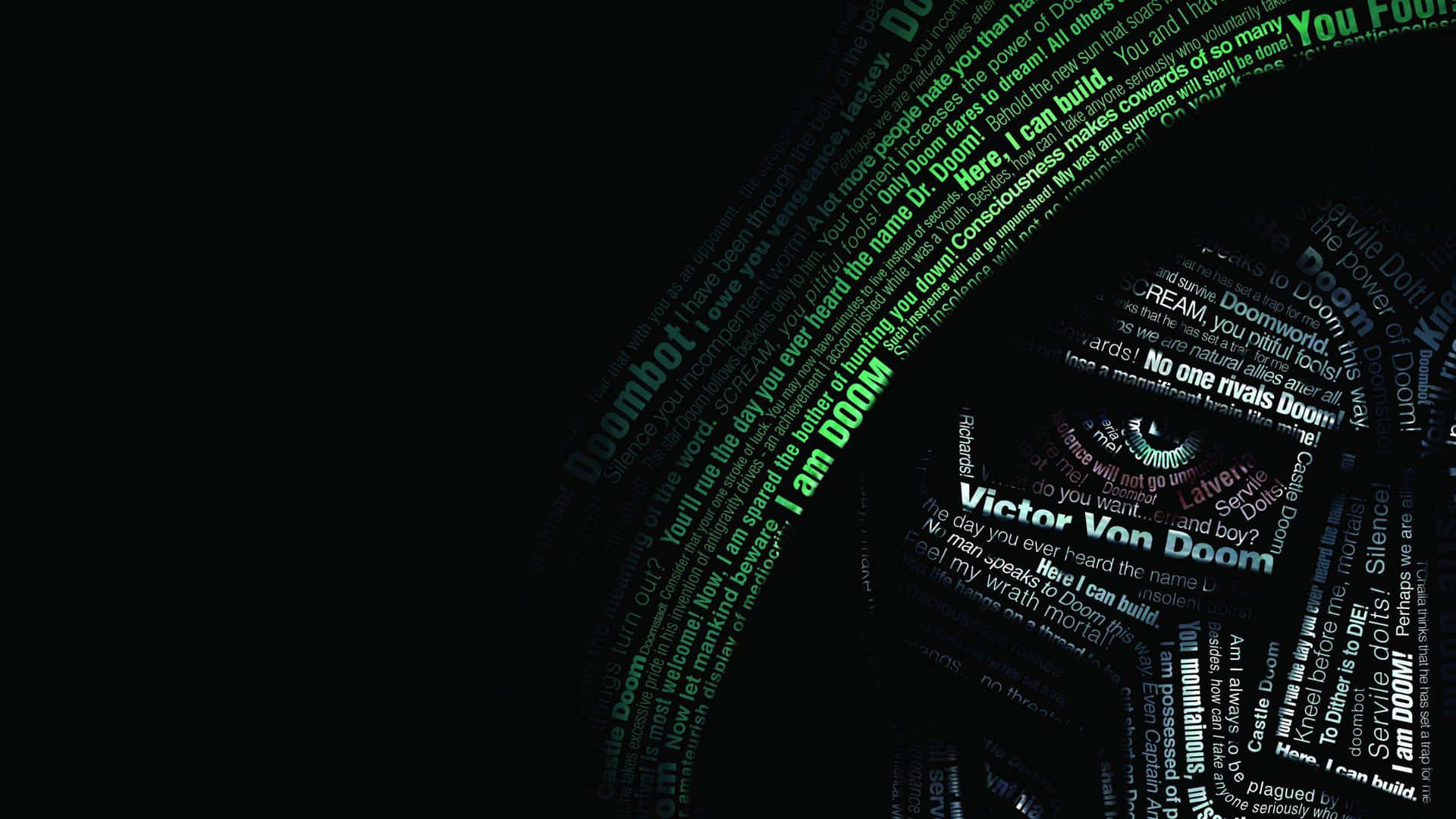 1920x1080 Doom 桌布 壁紙 — 深色背景，旋轉文字揭示發光的綠色眼睛和名字 Victor Von Doom，周圍環繞引號。