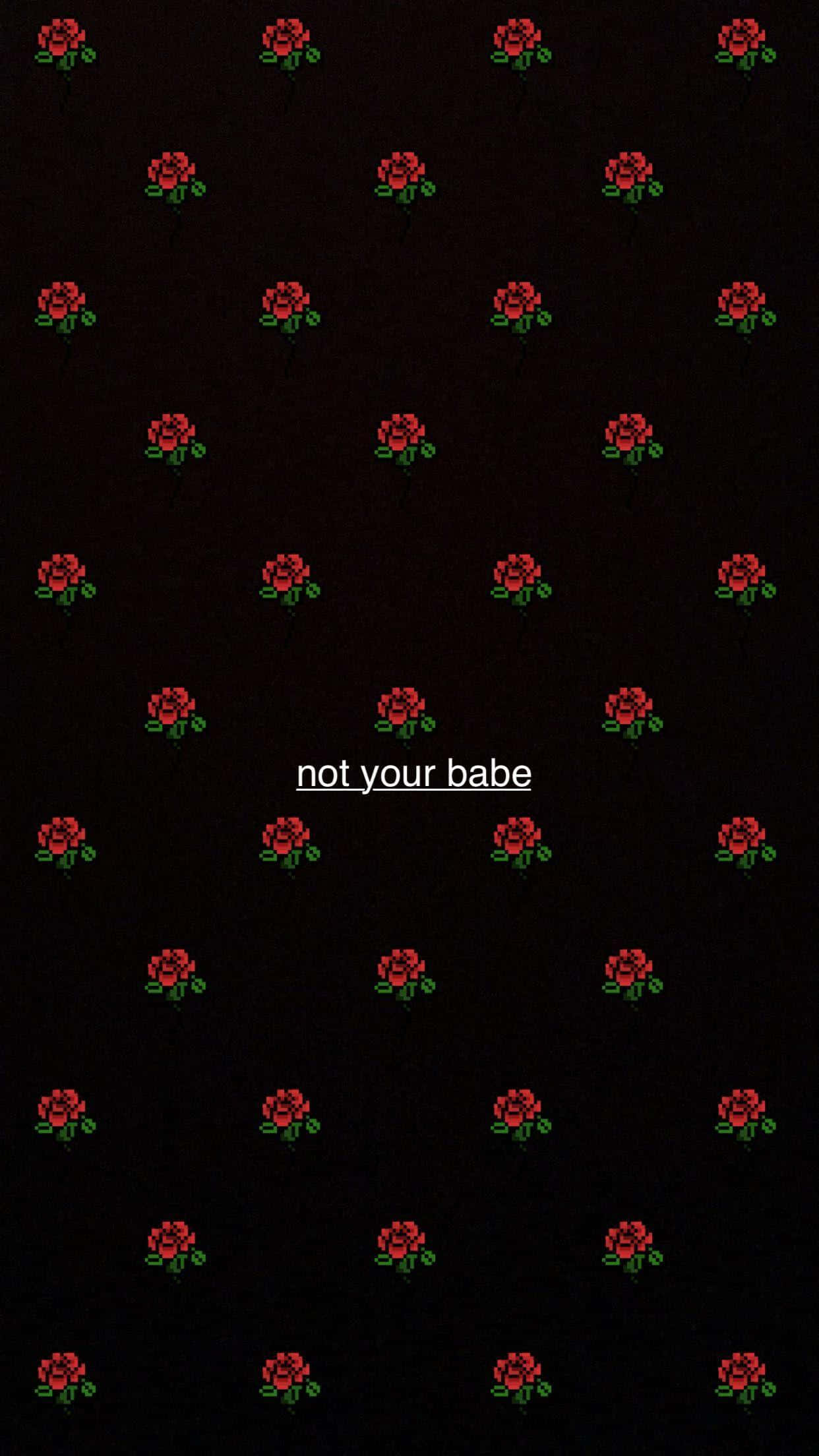 壞女孩 桌布 壁紙 — 深色背景，重複的像素化紅玫瑰，中央文字為 not your babe。