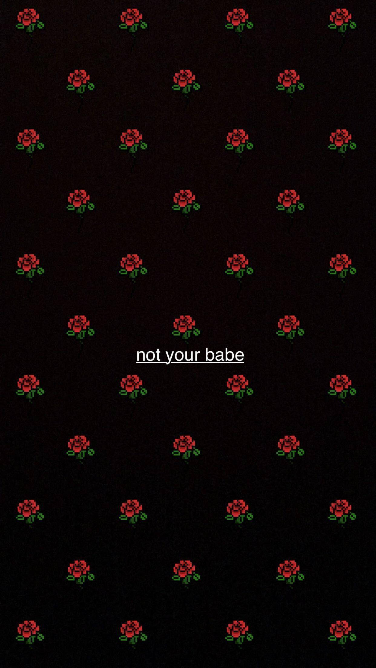 Aesthetic Girly 桌布 壁紙 — 深色背景，重複的像素化紅玫瑰圖案，中央文字為 not your babe。