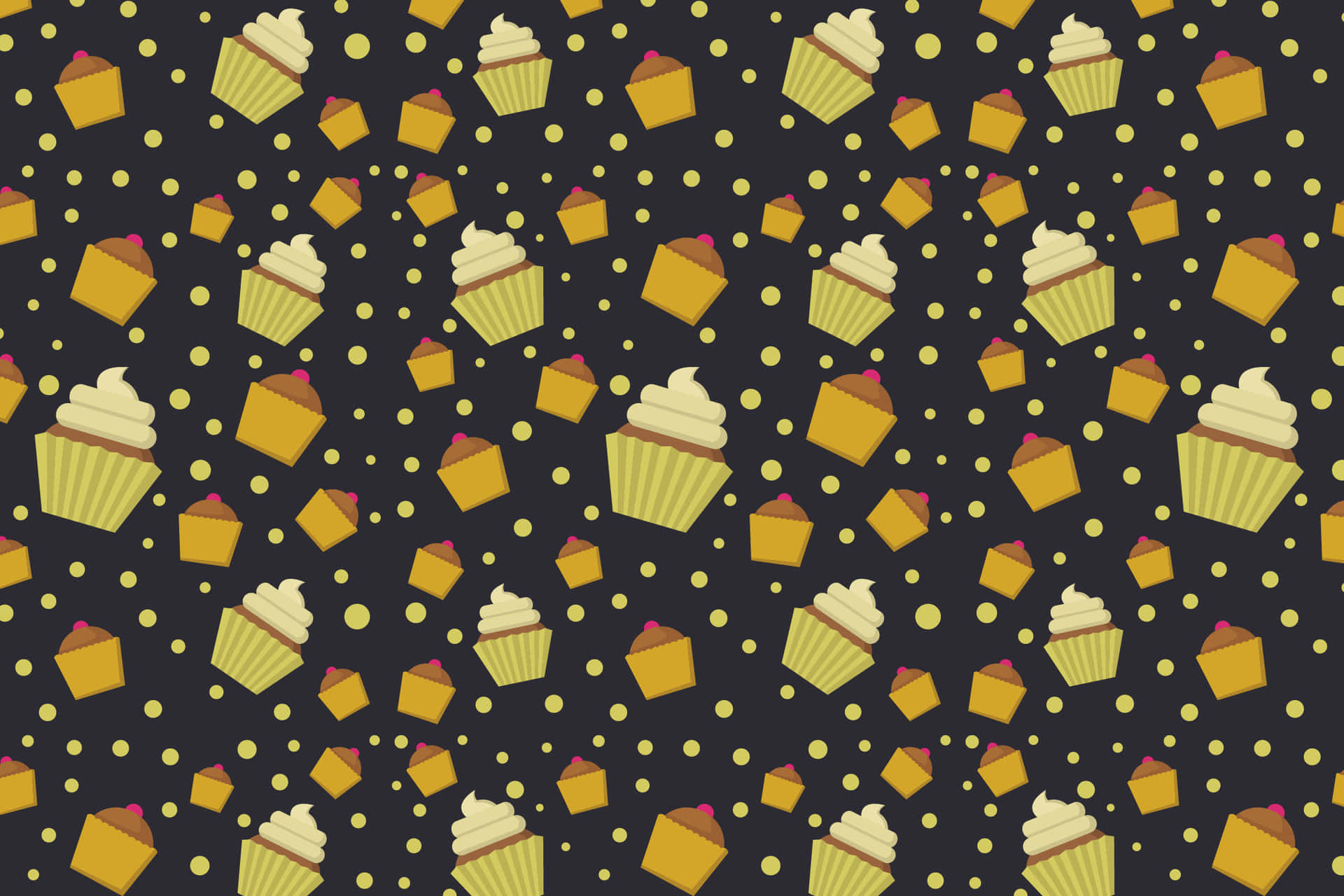 Cupcake Pattern 壁紙 — 深色背景，重複的黃色杯子蛋糕圖示和金色圓點圖案。