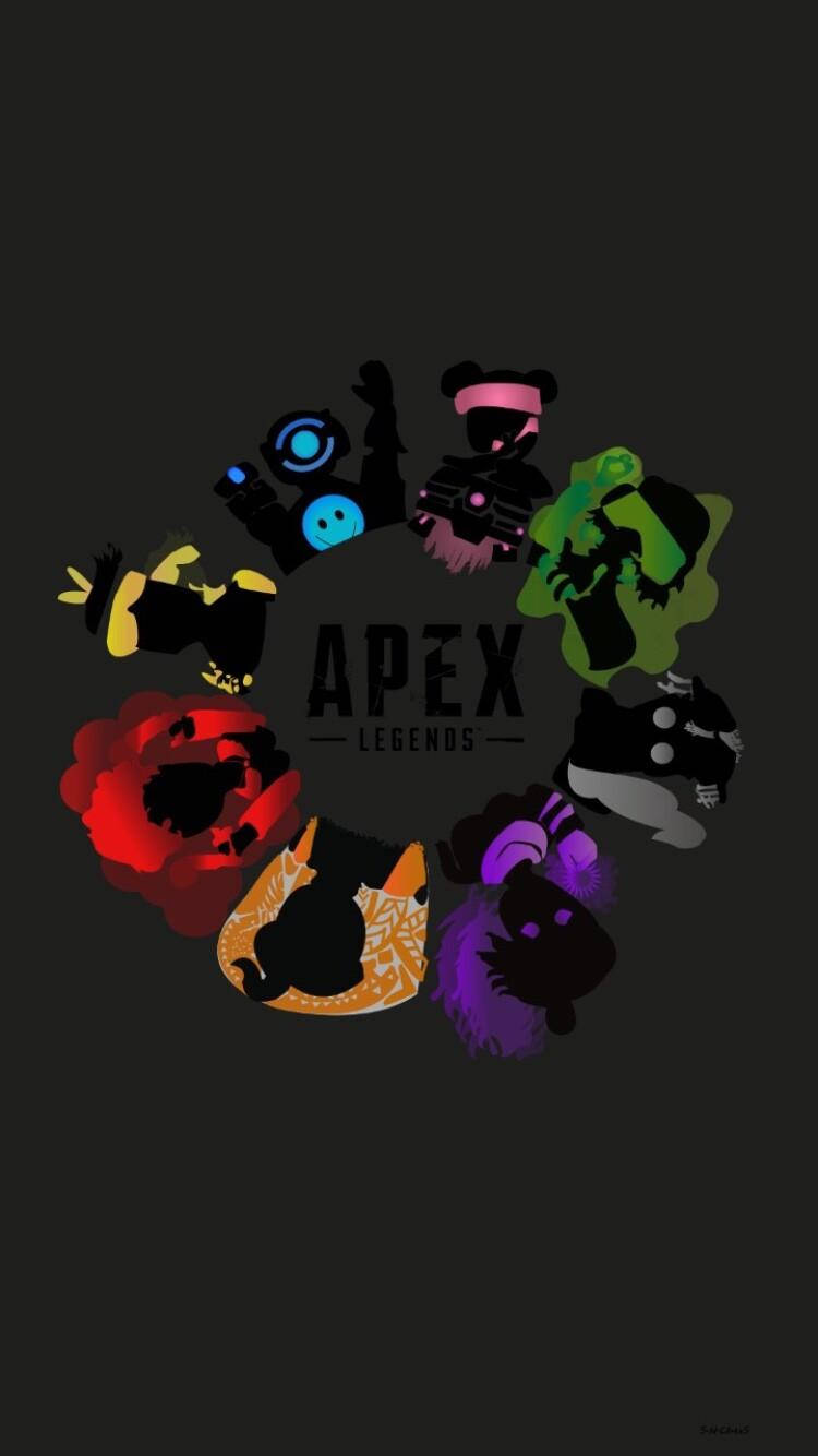 電玩遊戲 桌布 壁紙 — 深色背景上，Apex Legends 角色的彩色風格剪影圍繞遊戲標誌排列成圓形。