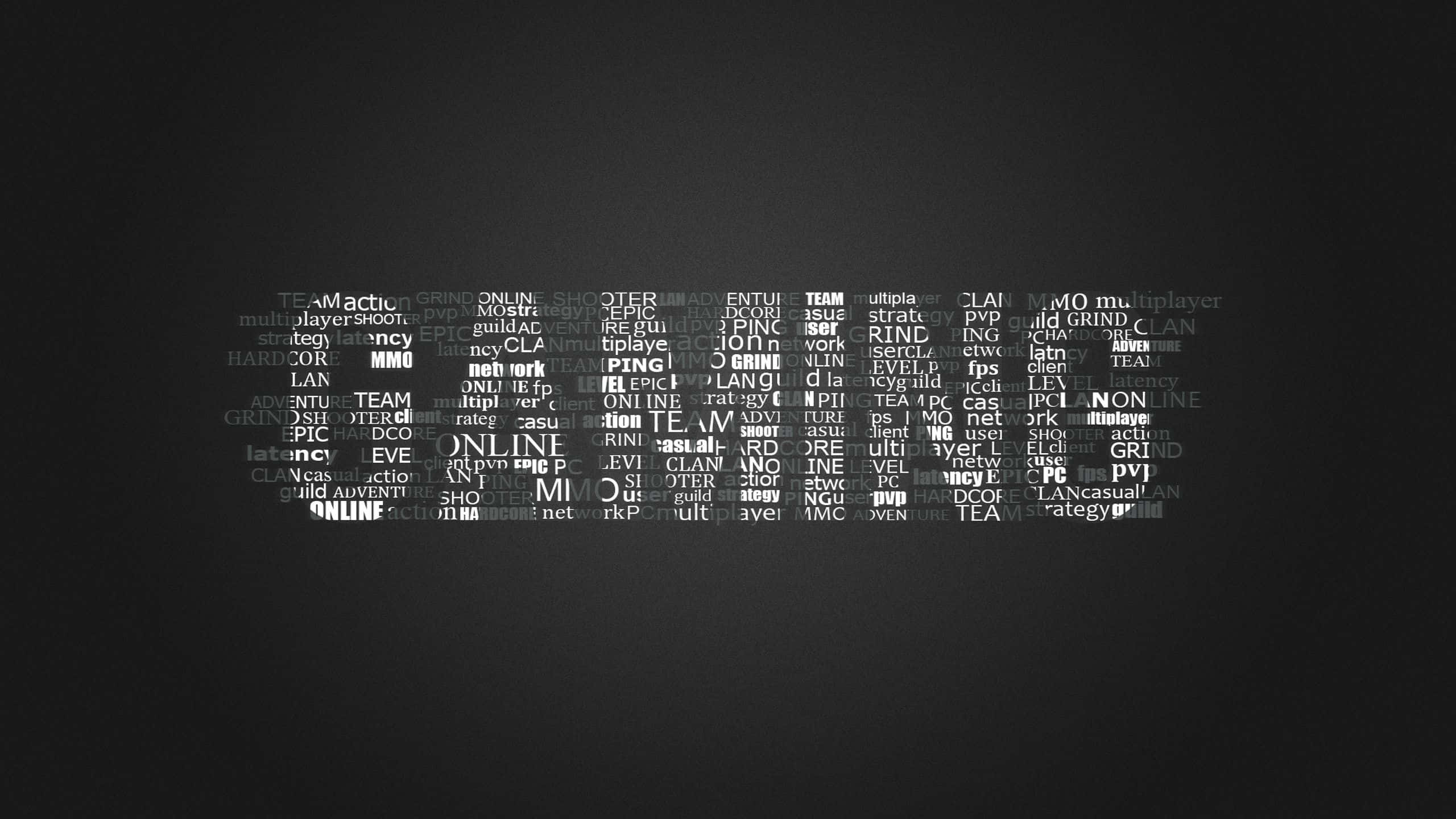 Pro Gamer 桌布 壁紙 — 深色背景上以白色文字形成遊戲術語（如團隊線上射擊和PvP）的文字雲。