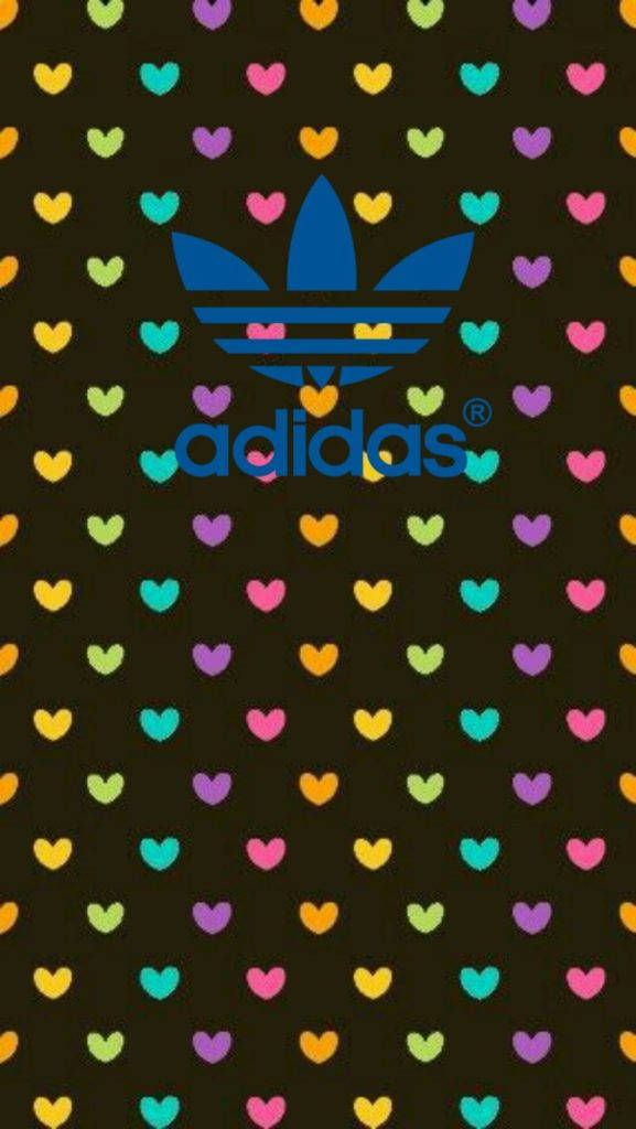 adidas iPhone 桌布 壁紙 — 深色背景上佈滿彩色心形，中央有一個藍色 Adidas 標誌。