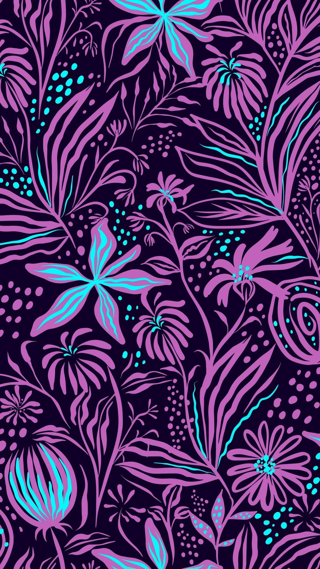 lilly 桌布 壁紙 — 深色背景上充滿活力的紫色和青色花卉圖案，帶有風格化的葉子和圓點。