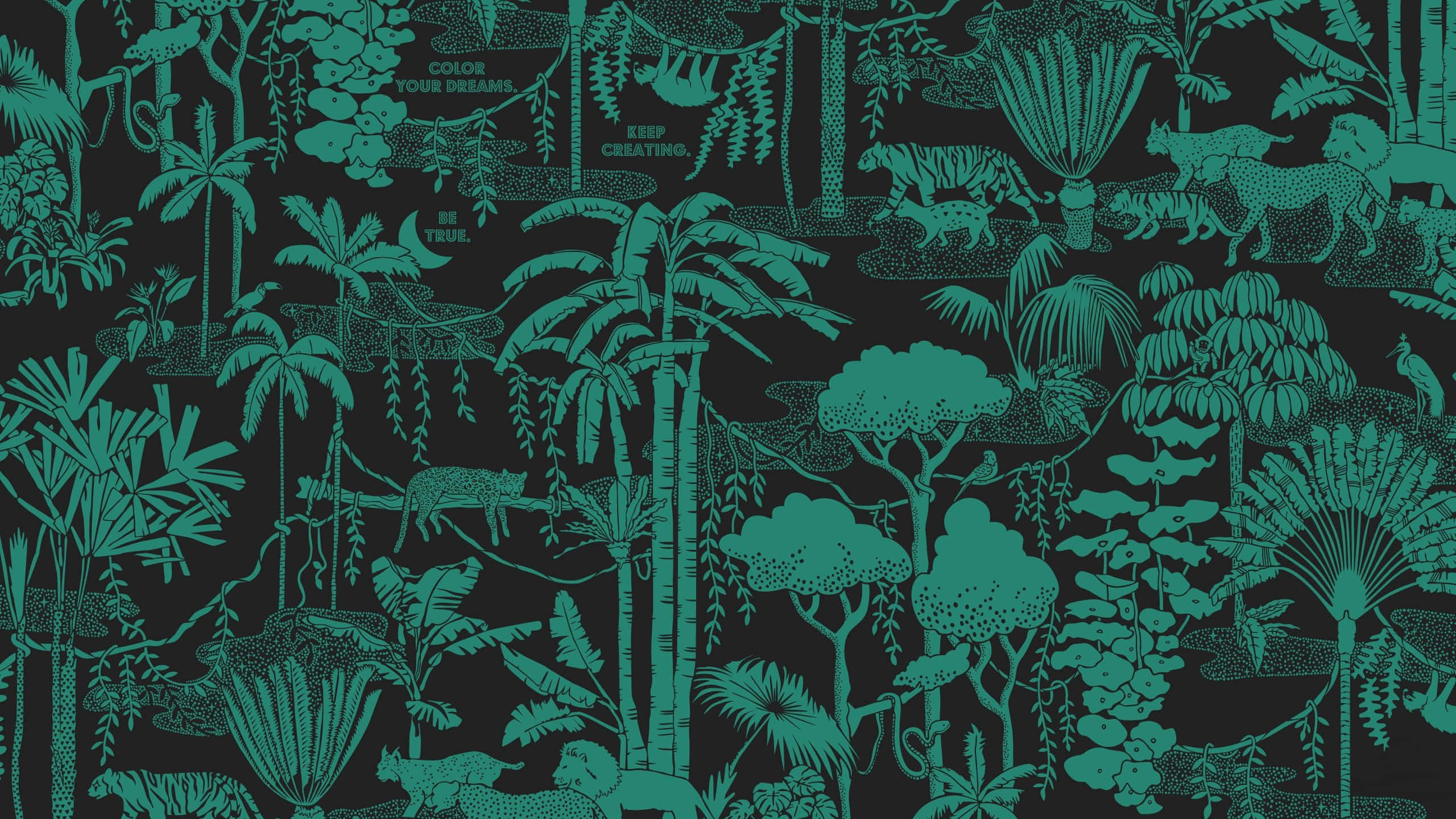 青色GIF 桌布 壁紙 — 深色背景上帶有風格化動物和植物的青綠色叢林壁紙圖案，並包含勵志語句。