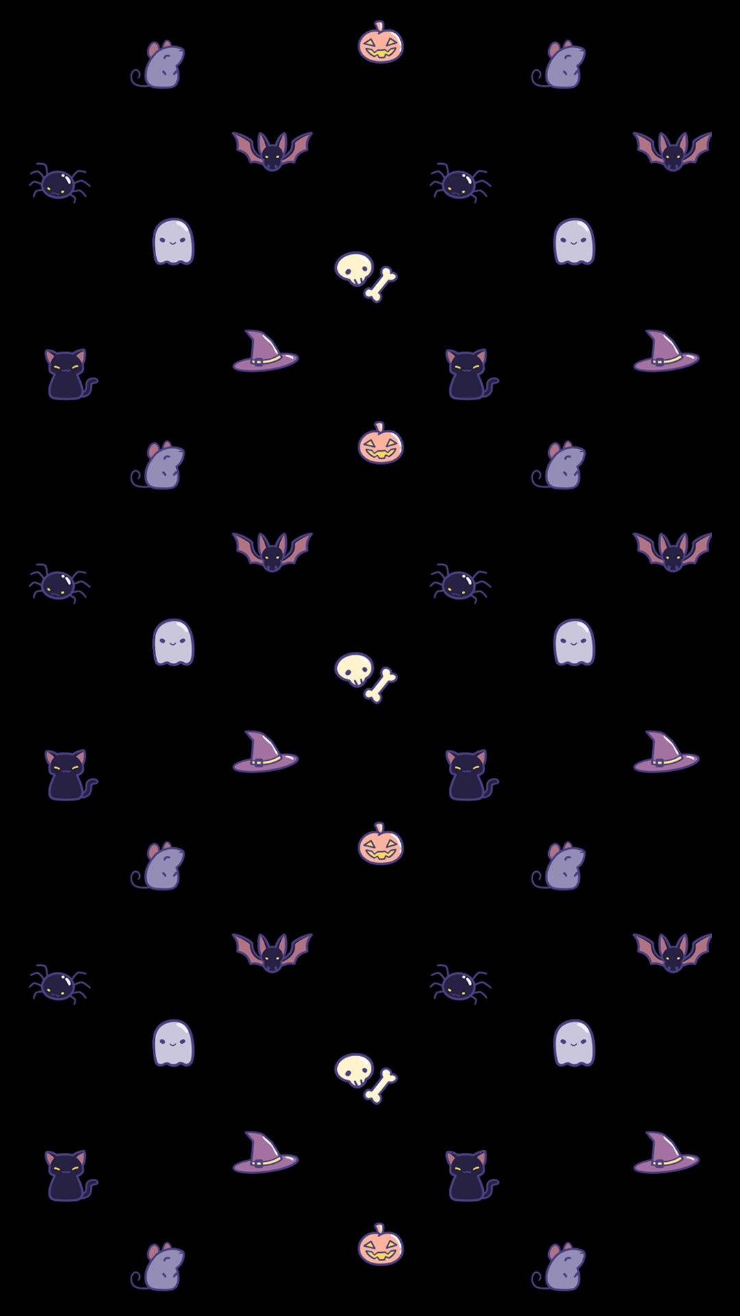 Halloween Phone 桌布 壁紙 — 深色背景上散落著可愛的粉彩萬聖節圖標，如鬼魂、蝙蝠和南瓜。
