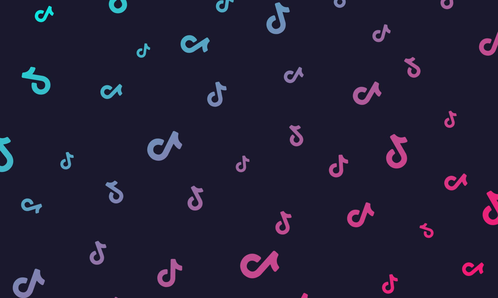 TikTok 動圖 桌布 壁紙 — 深色背景上散落著藍色和粉紅色漸層的彩色TikTok標誌。