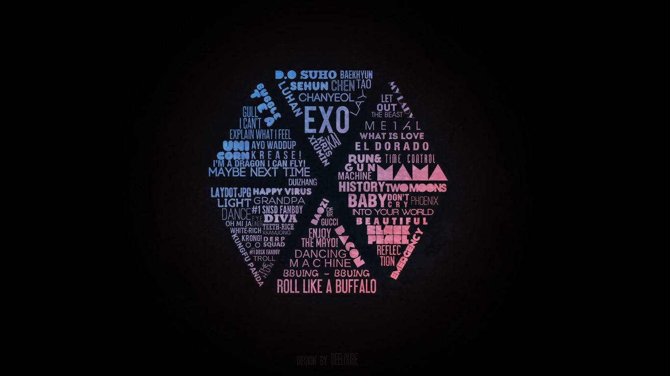 K-pop 桌布 壁紙 — 深色背景上有一個粉紅色和白色的心形文字雲，包含K-pop歌曲標題和藝人名字。