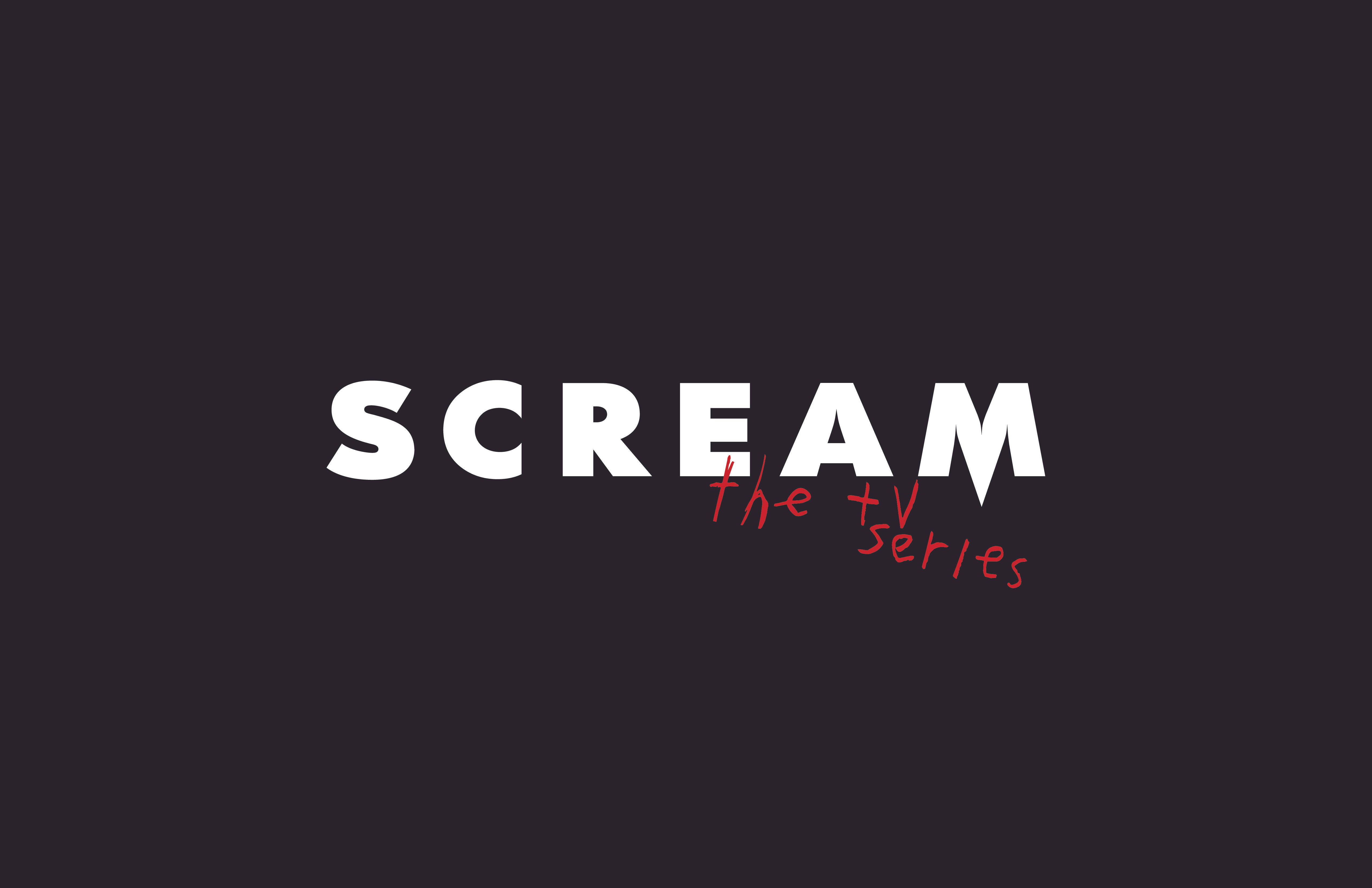 吶喊 桌布 壁紙 — 深色背景上粗體白色「SCREAM」文字及紅色手寫「the tv series」。