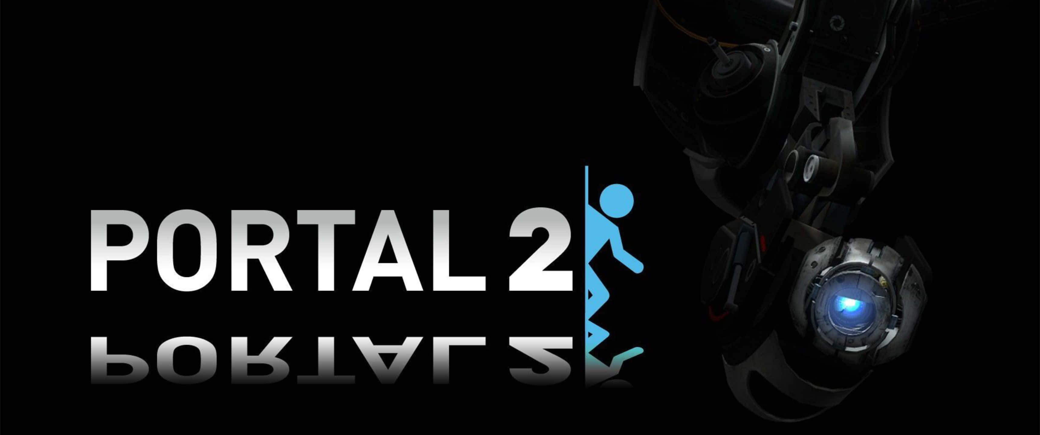 3440x1440p Portal 2 桌布 壁紙 — 深色背景上顯示 Portal 2 標誌，帶有發光的藍色傳送門和機械 Aperture Science 炮塔頭。