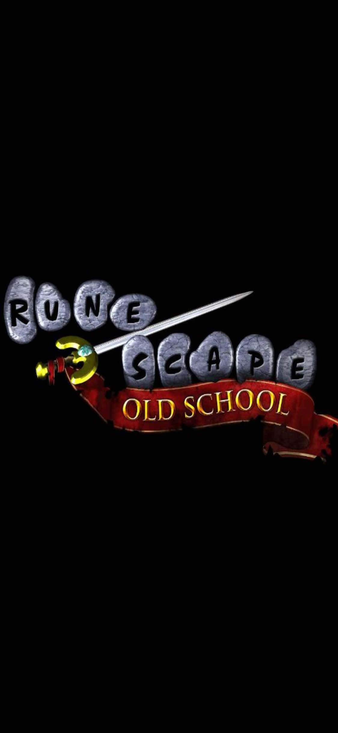 sword 桌布 壁紙 — 深色背景上顯示RuneScape Old School標誌，帶有石紋理字母、發光劍和紅色橫幅。