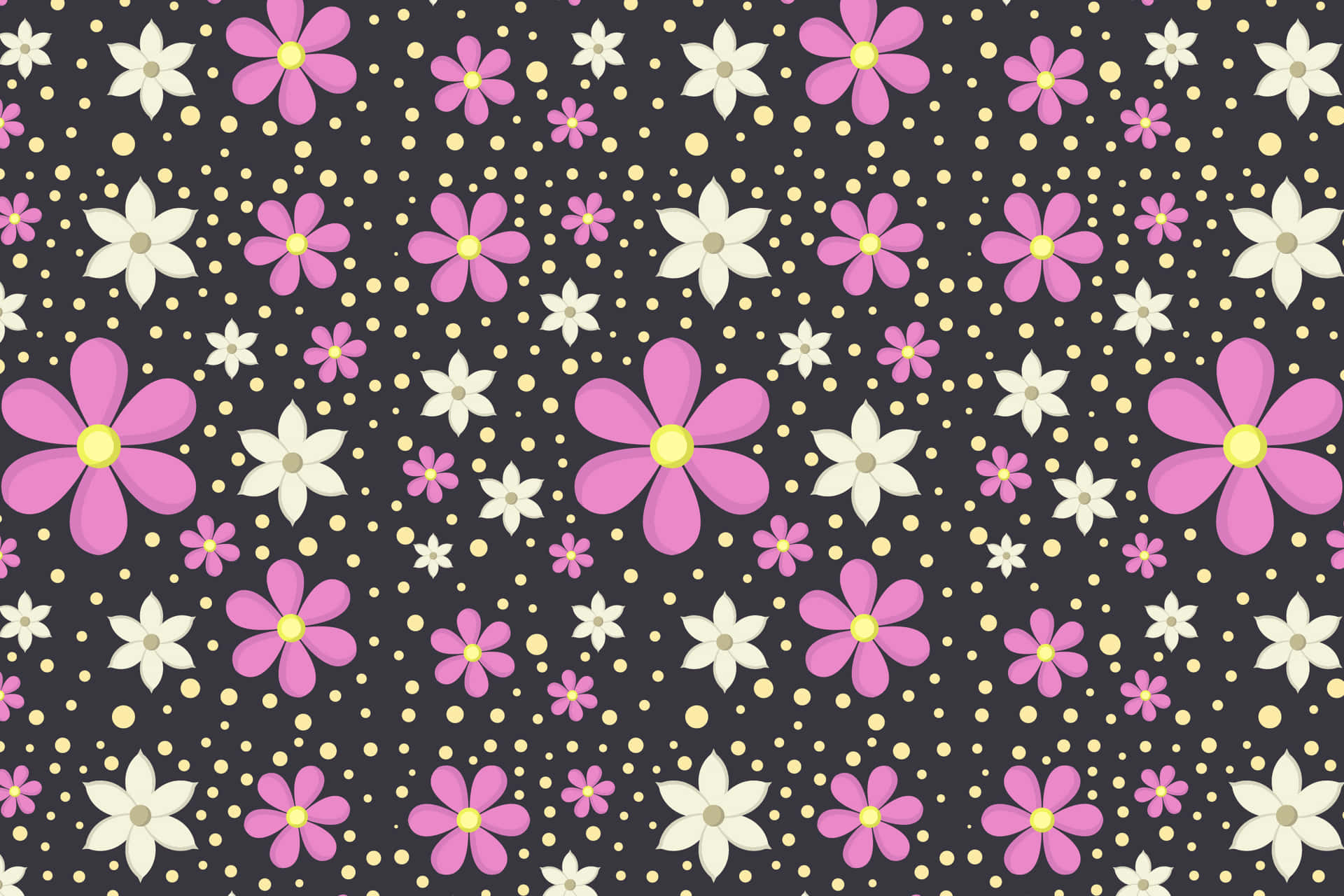 Flower pattern 壁紙 — 深色背景上點綴著散落的粉紅色和白色風格化花朵及金色圓點。