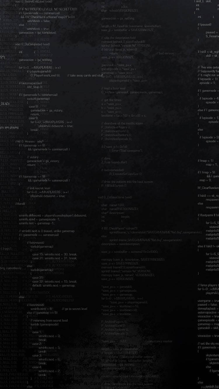 programming iPhone 桌布 壁紙 — 深色背景充滿發光的白色電腦代碼線條，營造出數位科技美學。
