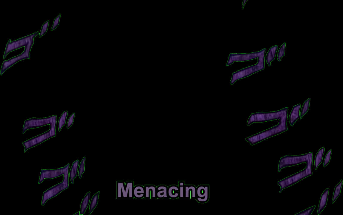 Jojo Menacing 桌布 壁紙 — 深色背景帶有發光的紫色風格化符號，以及匹配字體的「menacing」一詞。