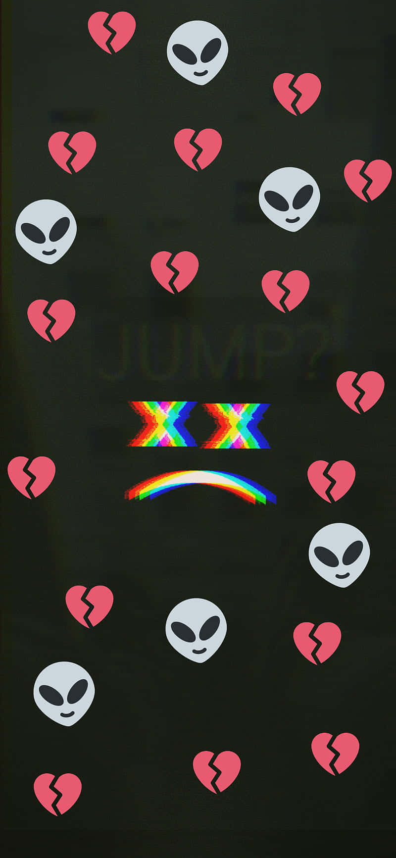Broken Heart Aesthetics 桌布 壁紙 — 深色背景散落著粉紅色破碎心形和白色外星人頭，配以彩虹皺眉面孔和「JUMP?」文字。