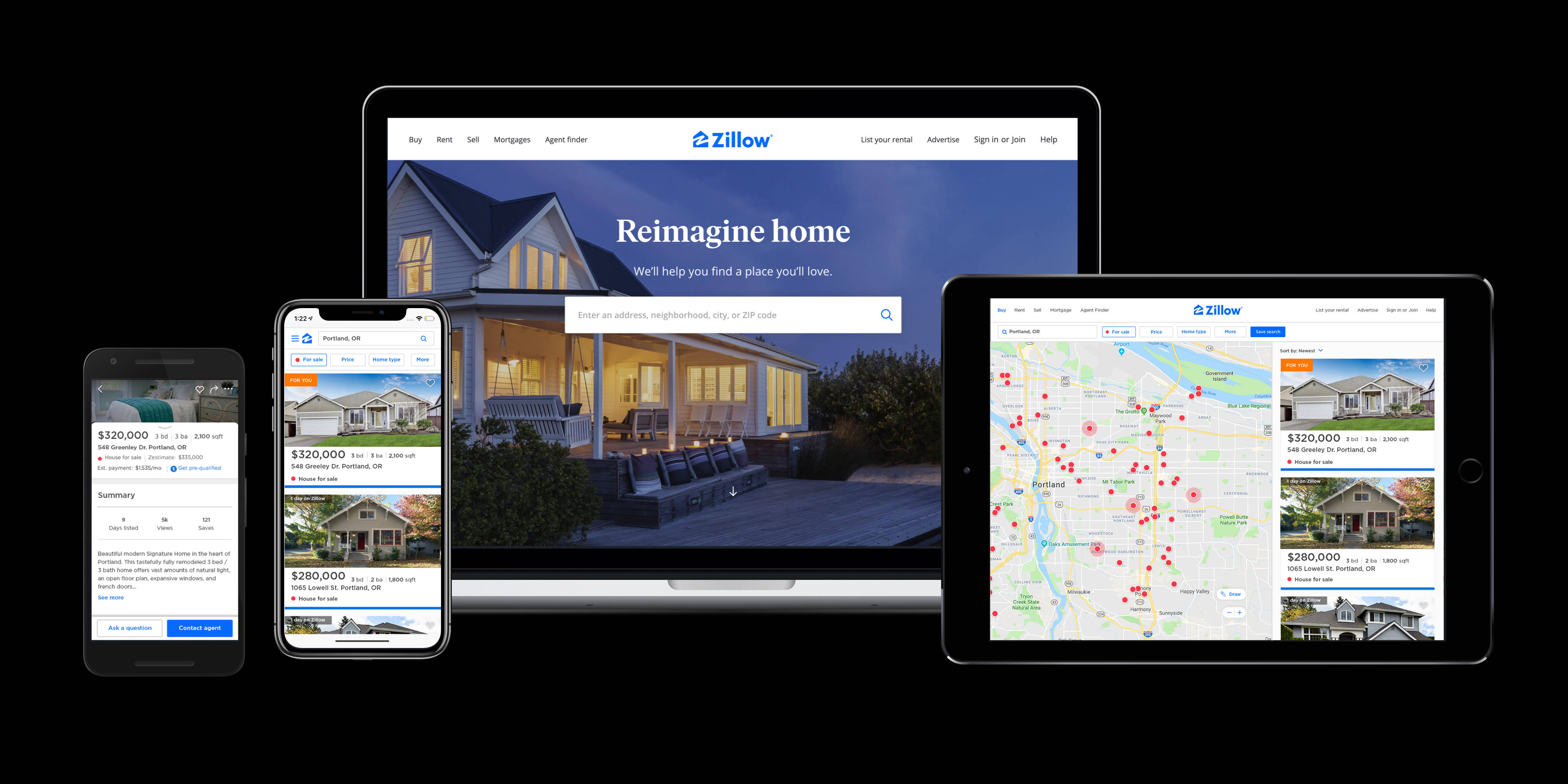 iPhone 桌布 壁紙 — 深色背景顯示Zillow應用程式介面在不同裝置上展示待售房屋，附有價格標籤和地圖圖釘。