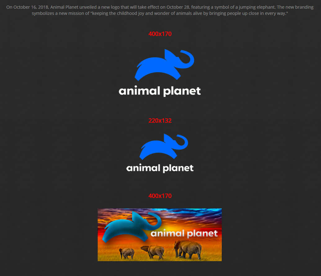動物星球 桌布 壁紙 — 深色背景顯示三個Animal Planet標誌，包括一個藍色跳躍大象符號和一個有大象的日落場景。