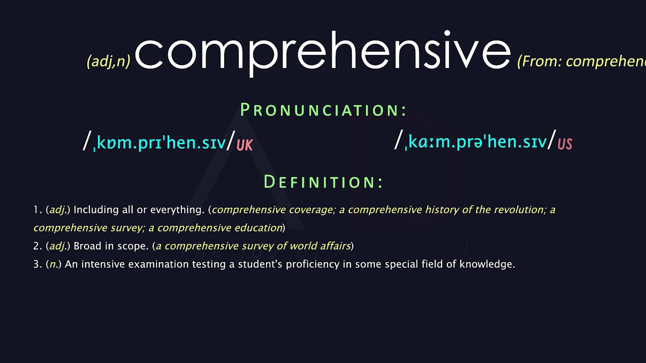 Word 桌布 壁紙 — 深色背景顯示單詞 'comprehensive' 及其定義、發音和例句，以彩色文字呈現。