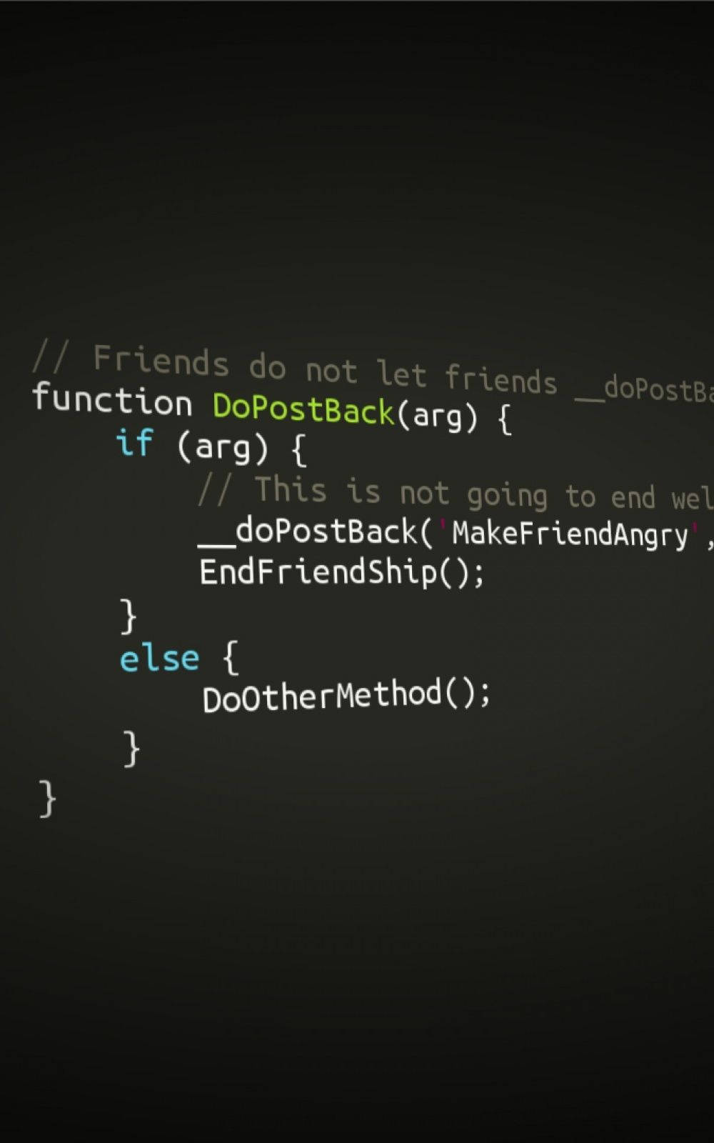 programming iPhone 桌布 壁紙 — 深色背景顯示幽默的JavaScript程式碼，帶有綠色和藍色的語法突顯。