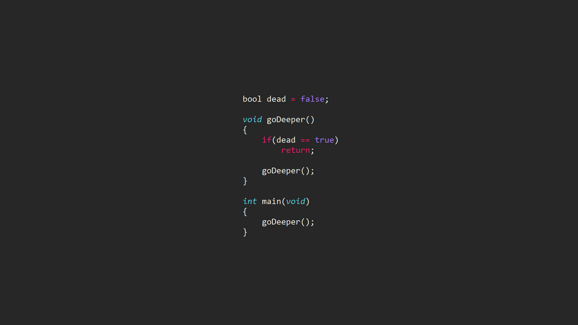 Programming 桌布 壁紙 — 深色背景顯示色彩繽紛的語法突顯 C++ 程式碼，展示一個遞迴函數，如果 dead 為真則返回。