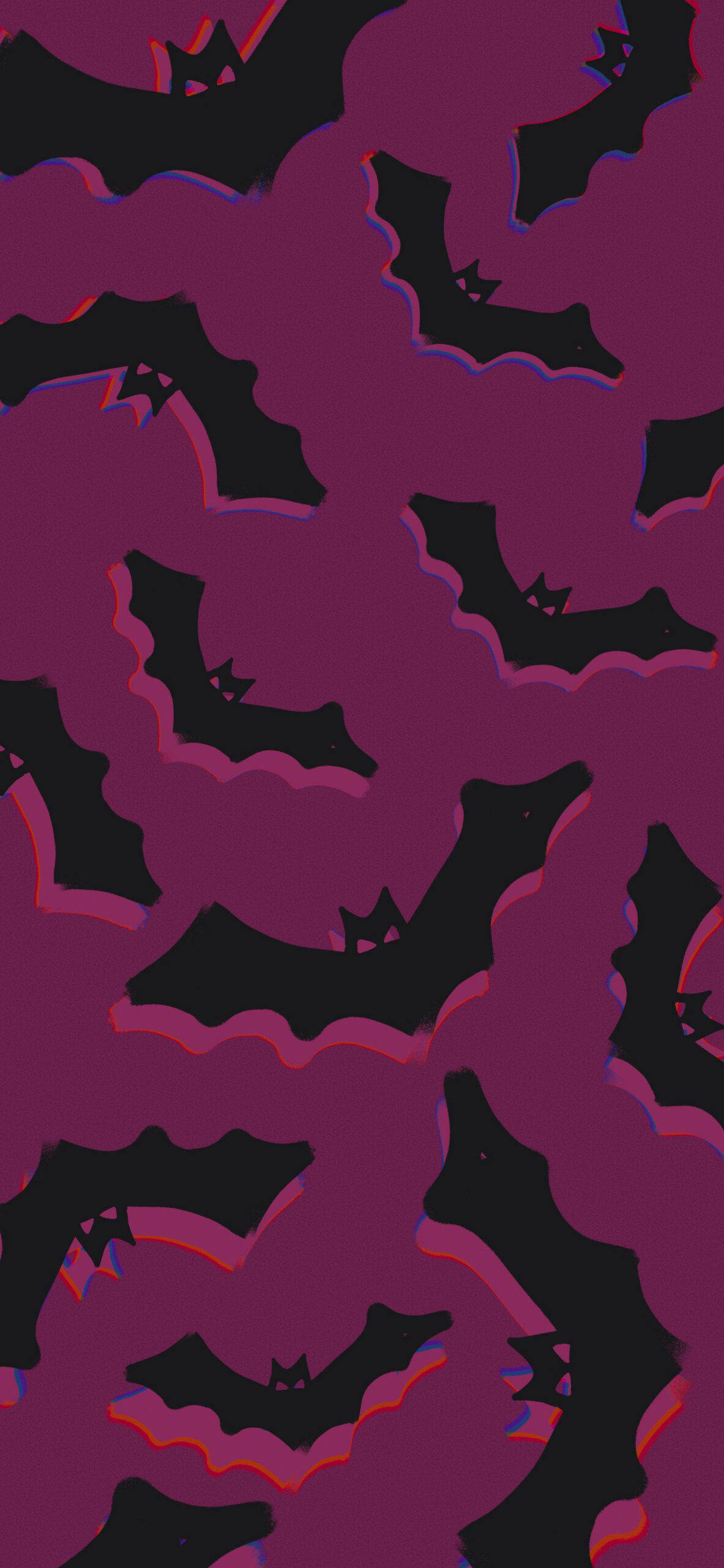 Spooky Aesthetic 桌布 壁紙 — 深色蝙蝠帶有發光輪廓，在深紫色背景上以重複圖案飛舞。