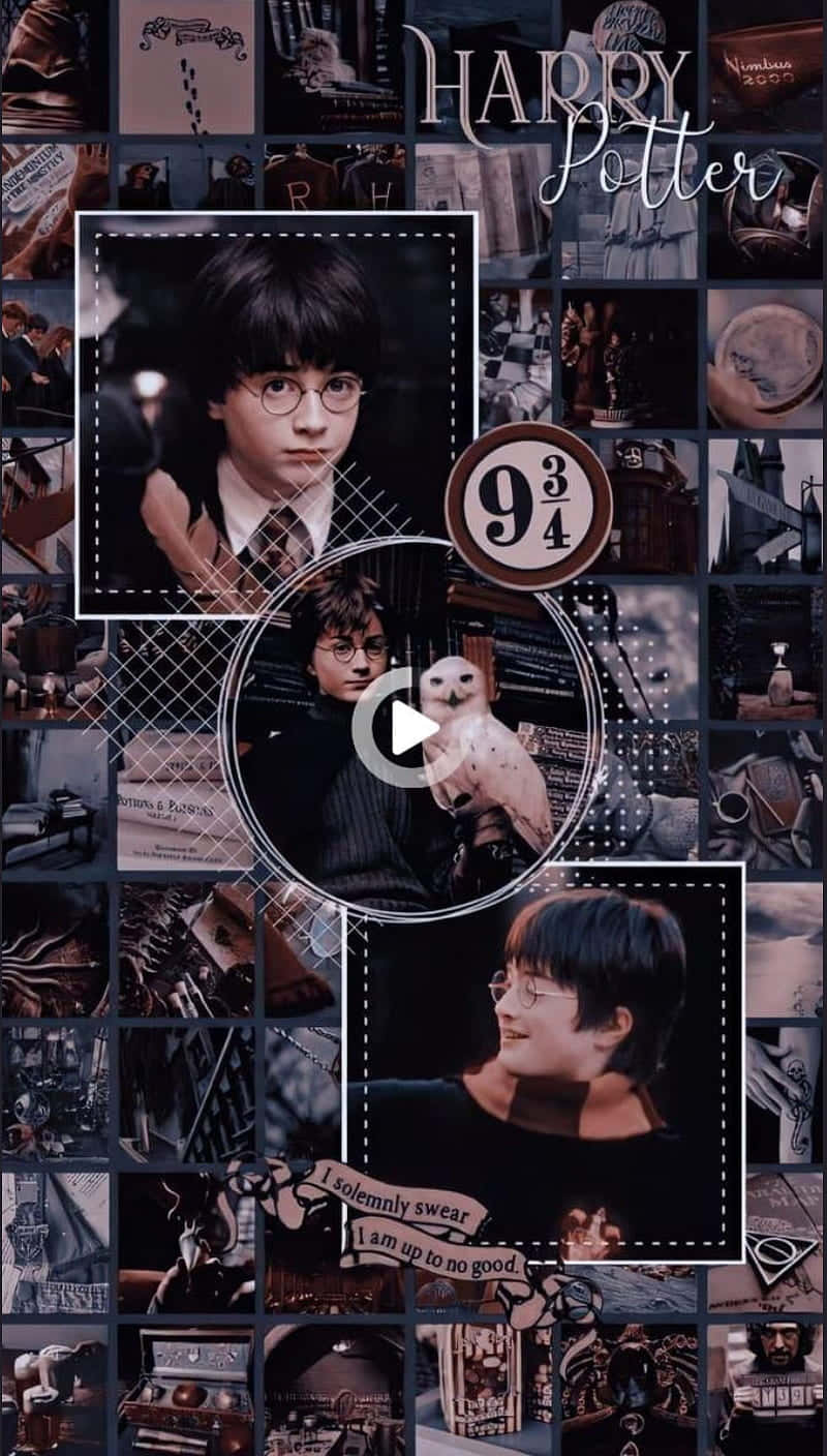 Harry Potter Halloween 桌布 壁紙 — 深色調的哈利波特拼貼桌布，包含哈利與他的貓頭鷹、9 3/4 月台標誌和經典語錄的照片。
