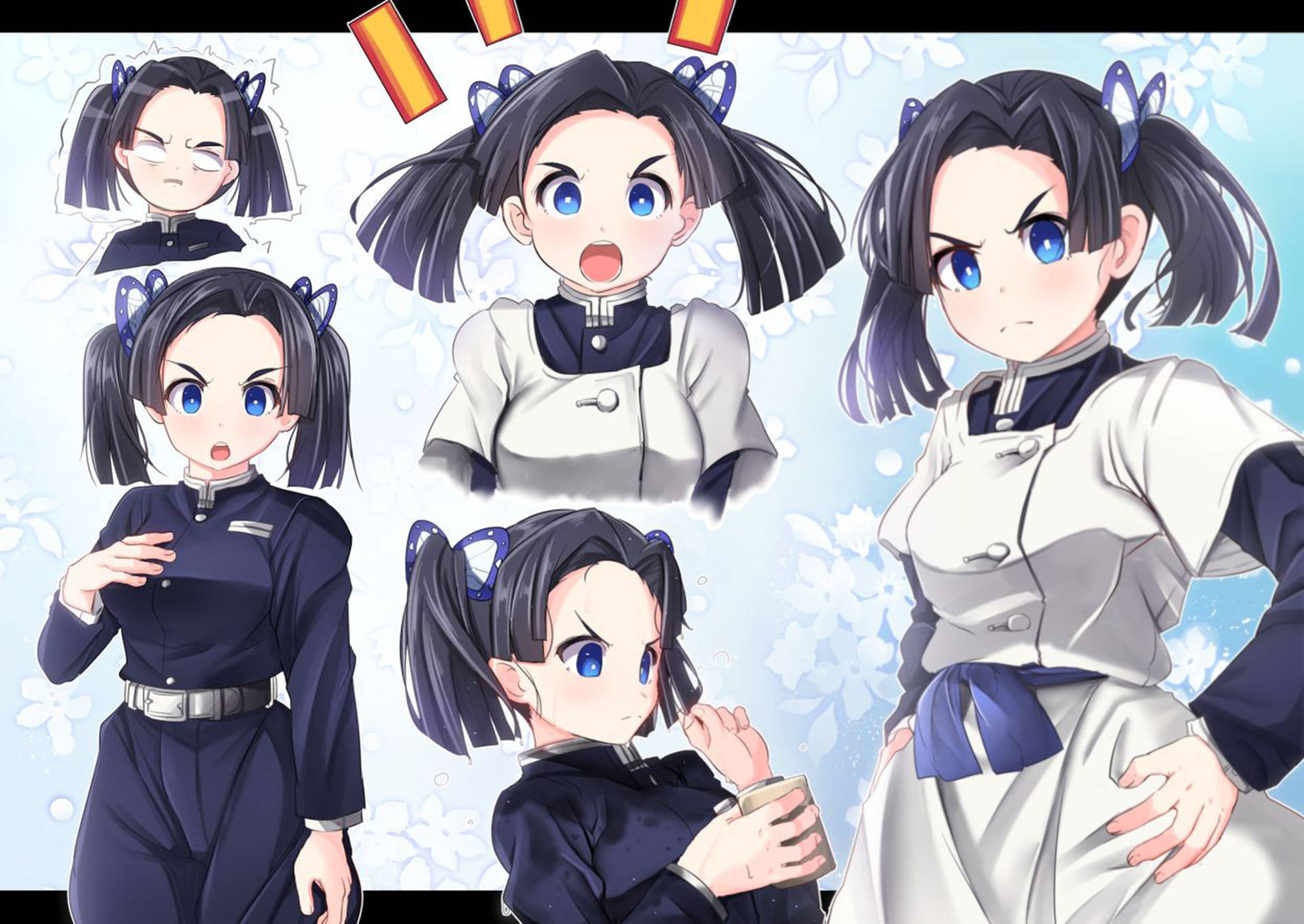 aoi kanzaki 桌布 壁紙 — 深色辮子、藍色眼睛的動漫角色，在淺藍色花卉背景前以多種表情姿勢呈現。