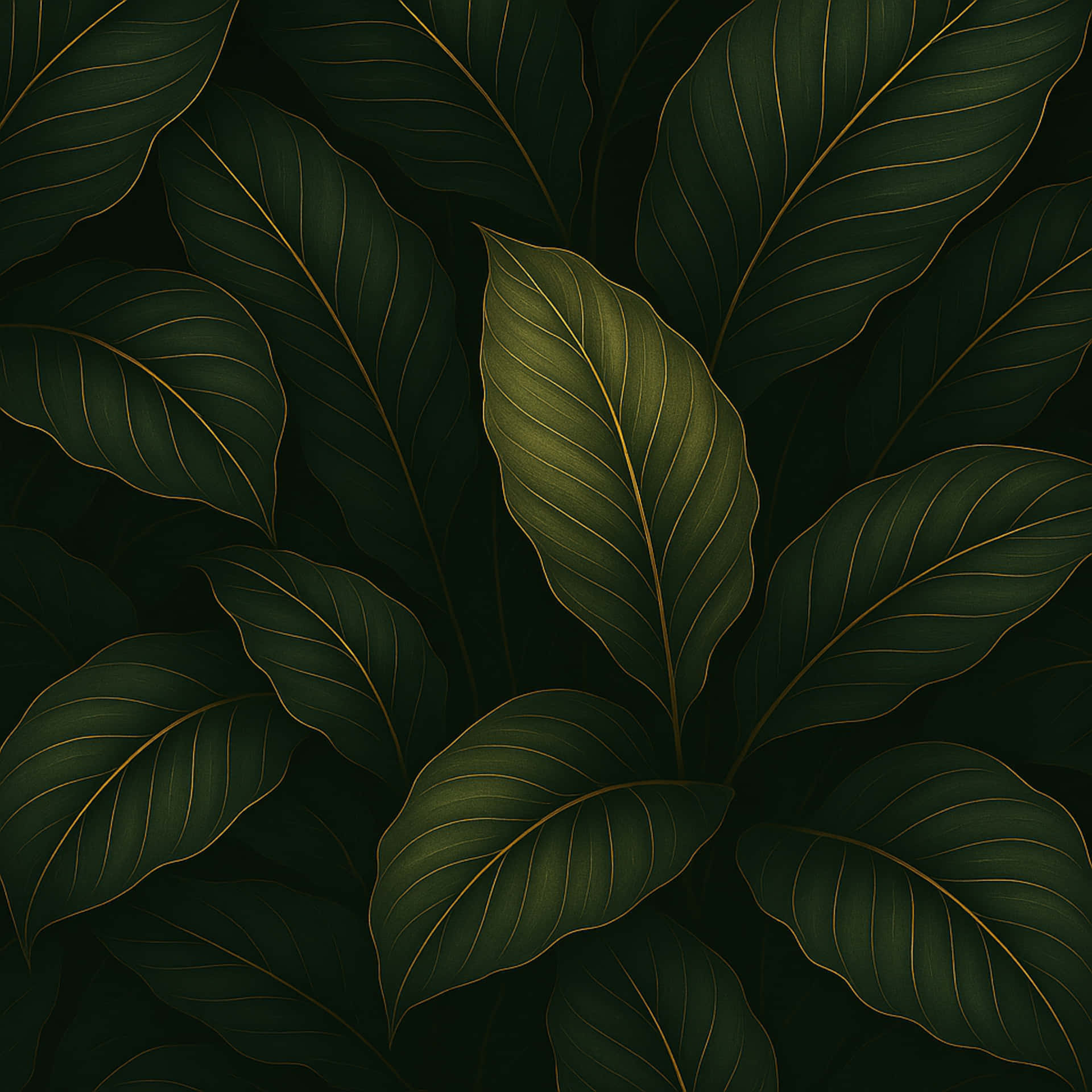 Banana leaves with threads of gold 壁紙 — 深色陰影背景上，帶有金色葉脈的深綠色熱帶葉子營造出豐富奢華的圖案。