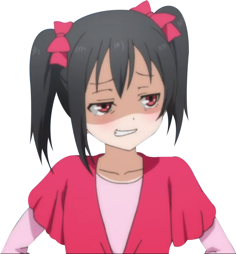 Nico Yazawa 桌布 壁紙 — 深色雙馬尾、戴著粉紅色蝴蝶結的動漫女孩，穿著粉紅色服裝，在黑色背景前害羞地微笑。