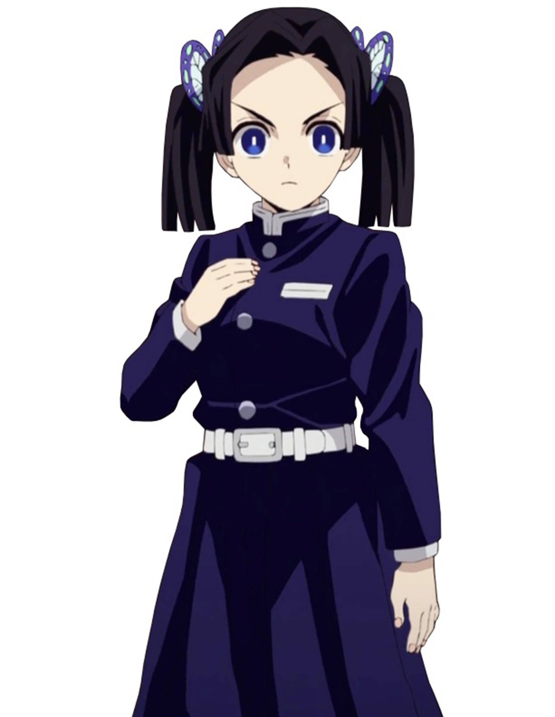 aoi kanzaki 桌布 壁紙 — 深色雙馬尾、藍色眼睛的動漫女孩，穿著深色制服，配有白色腰帶和蝴蝶髮夾。