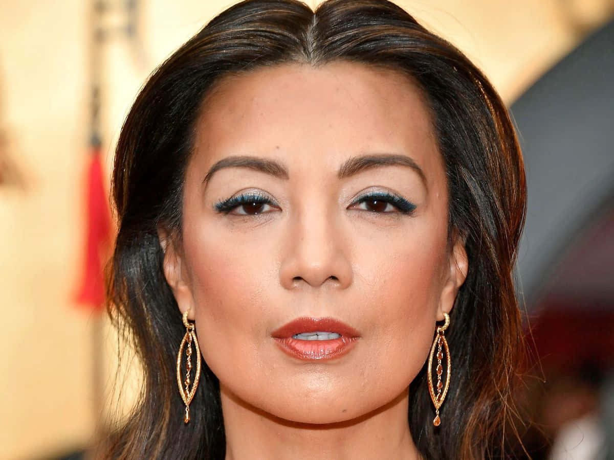 Ming Na Wen 桌布 壁紙 — 深色頭髮、塗上搶眼藍色眼線、戴著金色圓環耳環的女子的特寫肖像。